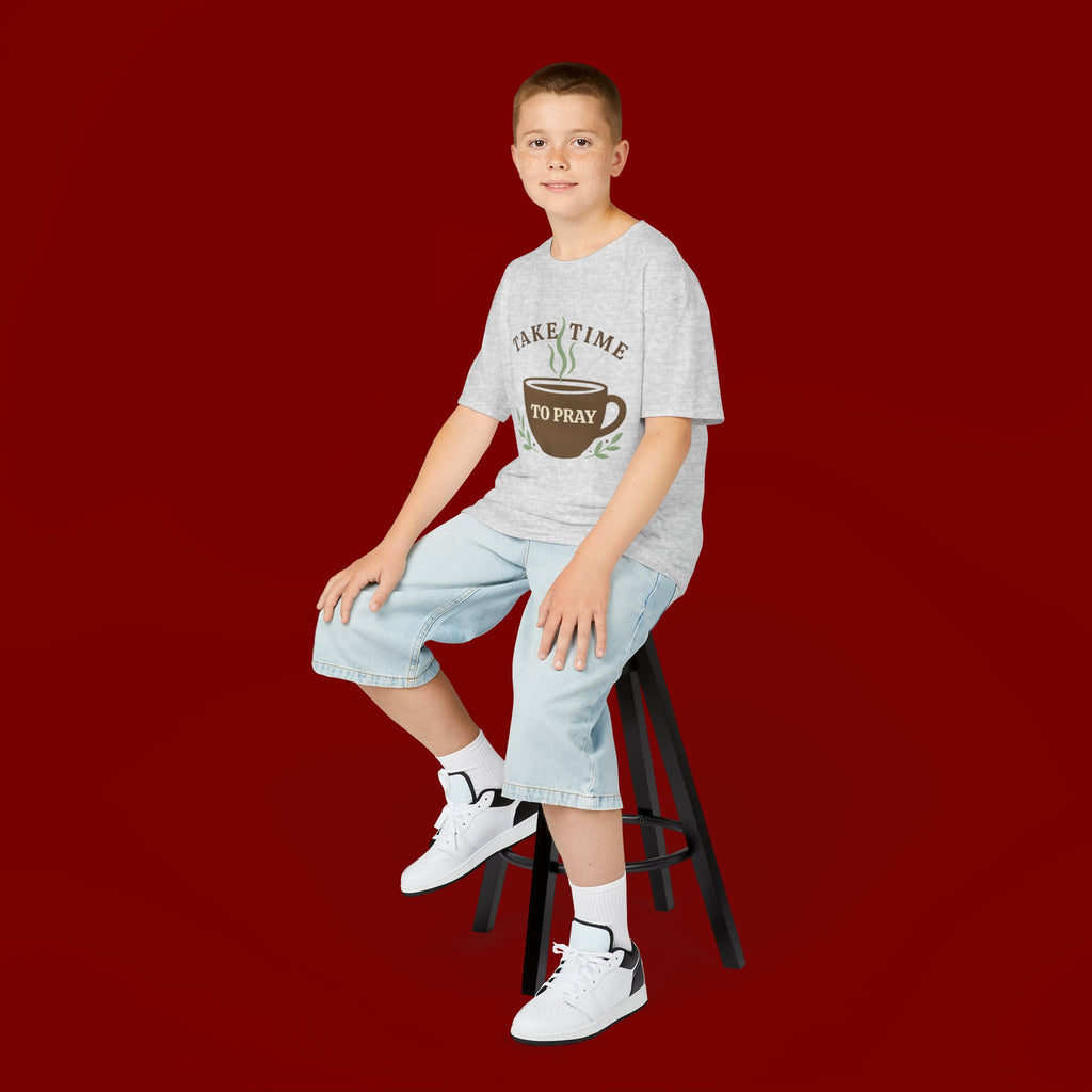 Kids Tee — "Take Time to Pray" Coffee Cup Faith Graphic