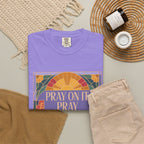 T-Shirt — Retro Sunset Floral Graphic “Play On It, Pray Over It, Pray Through It”