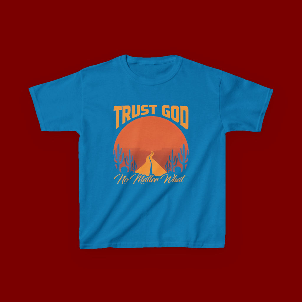 Kids Tee — "Trust God No Matter What" Sunset Camping Graphic