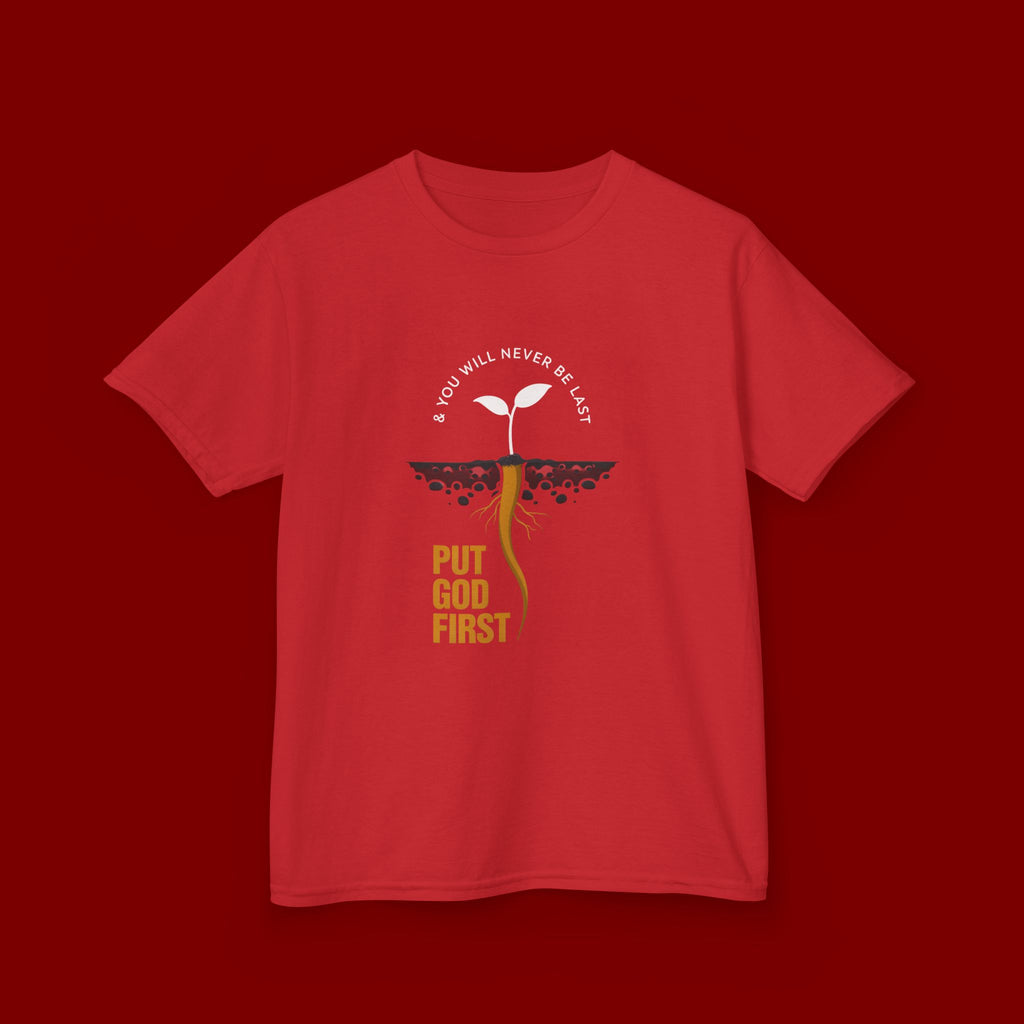 Kids T‑Shirt — 'Put God First' Religious Sprout Graphic Tee (Christian Youth)