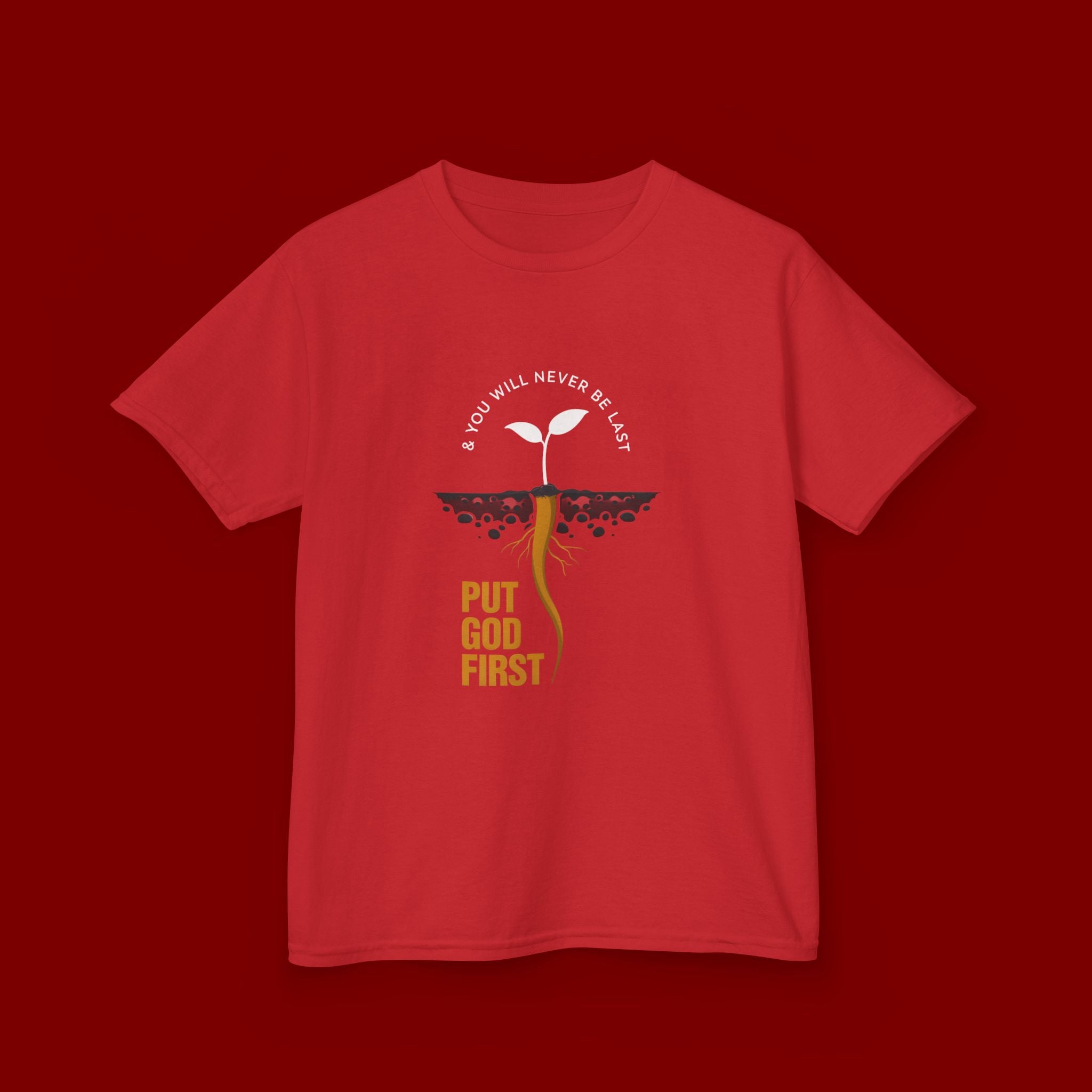 Kids T‑Shirt — 'Put God First' Religious Sprout Graphic Tee (Christian Youth)