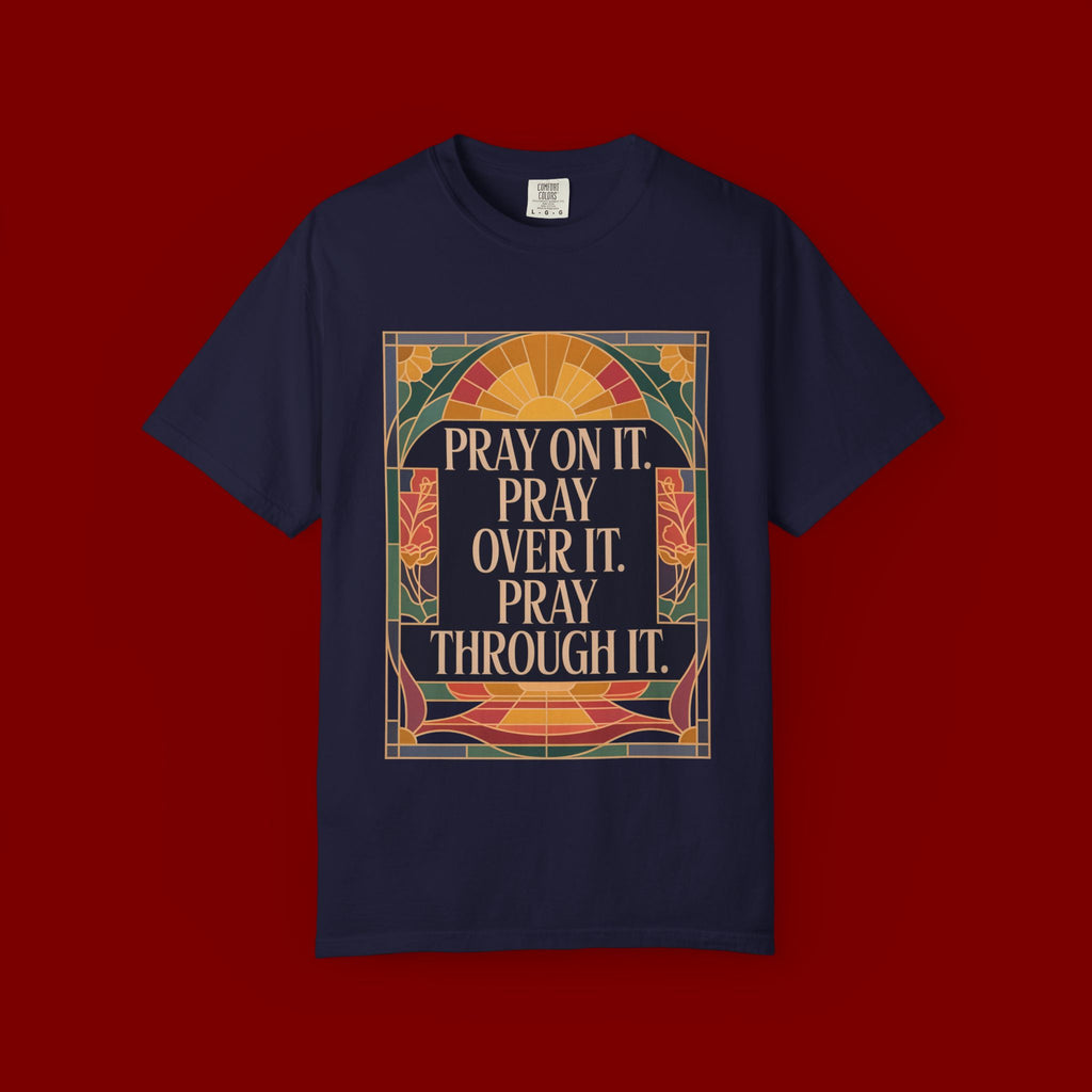 T-Shirt — Retro Sunset Floral Graphic “Play On It, Pray Over It, Pray Through It”