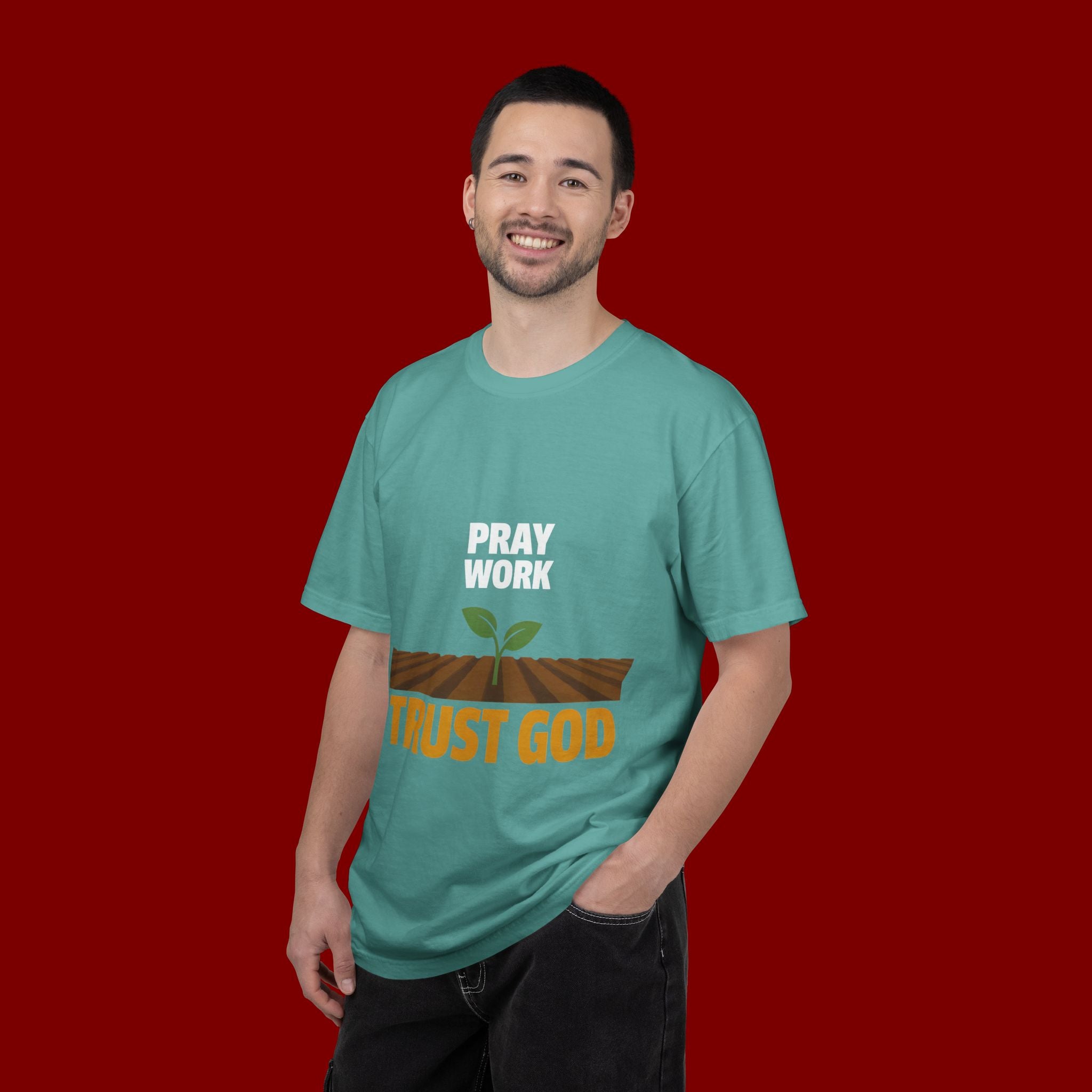Pray Work, Trust God T-Shirt — Faith Gardening Inspirational Tee