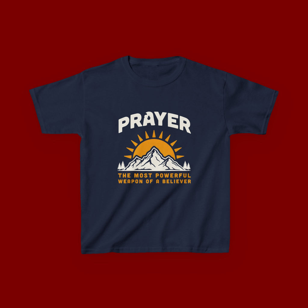 Kids Tee — "Prayer: The Most Powerful Weapon of a Believer" Mountain Sun Graphic