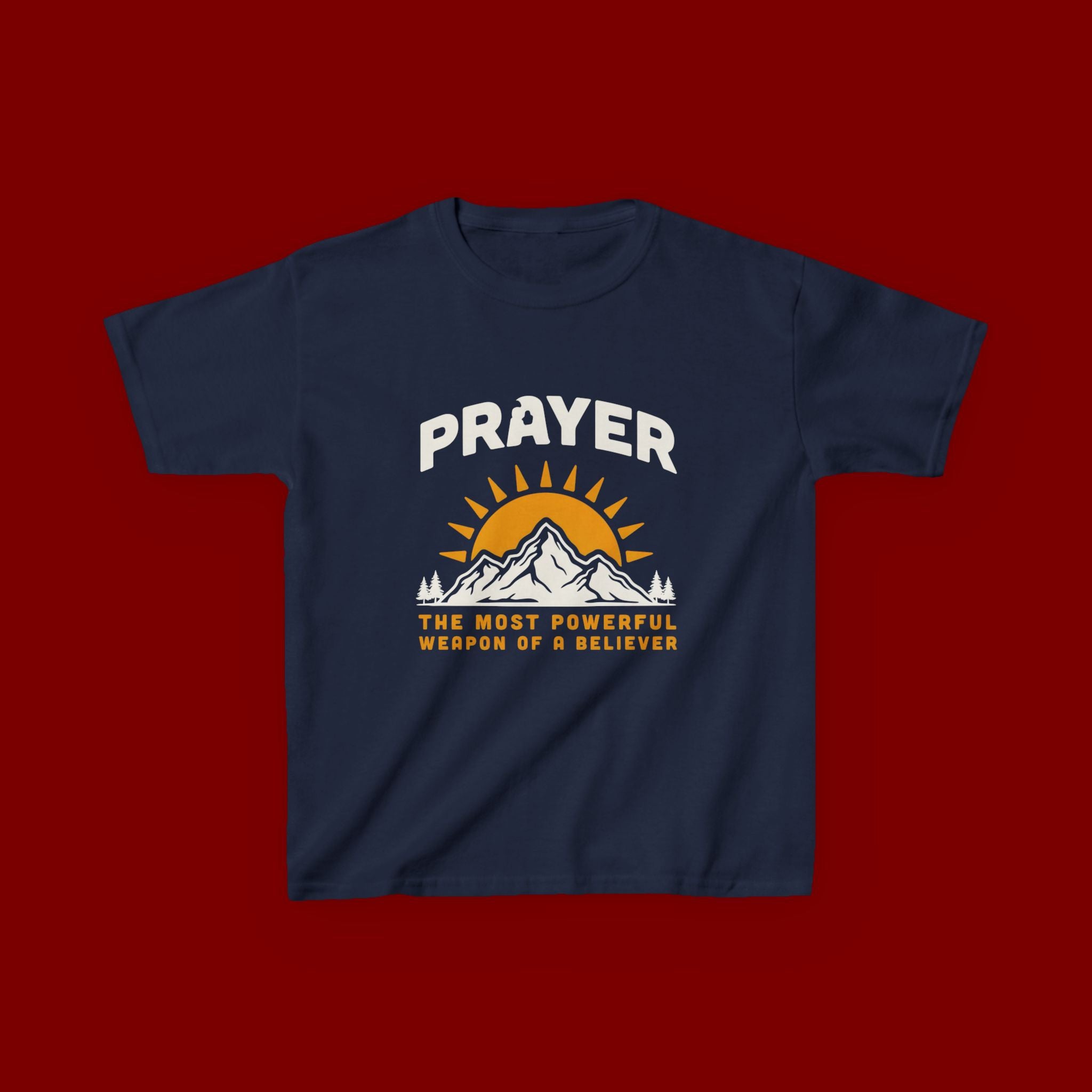Kids Tee — "Prayer: The Most Powerful Weapon of a Believer" Mountain Sun Graphic
