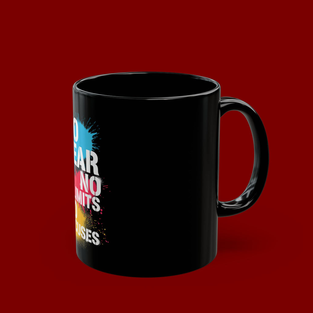 Motivational Black Mug – "No Fear No Limits No Excuses" Inspirational Coffee Cup (11oz/15oz)