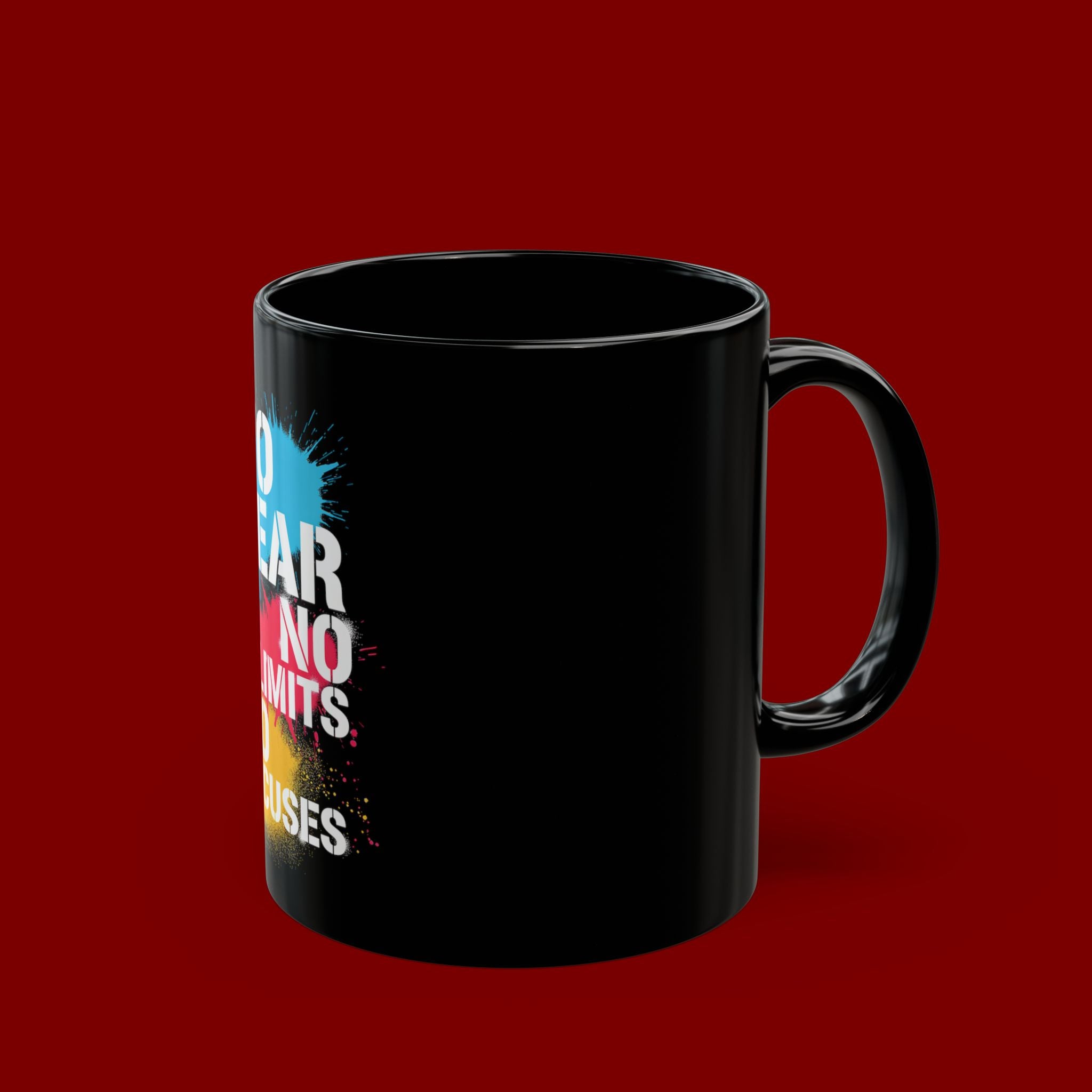 Motivational Black Mug – "No Fear No Limits No Excuses" Inspirational Coffee Cup (11oz/15oz)