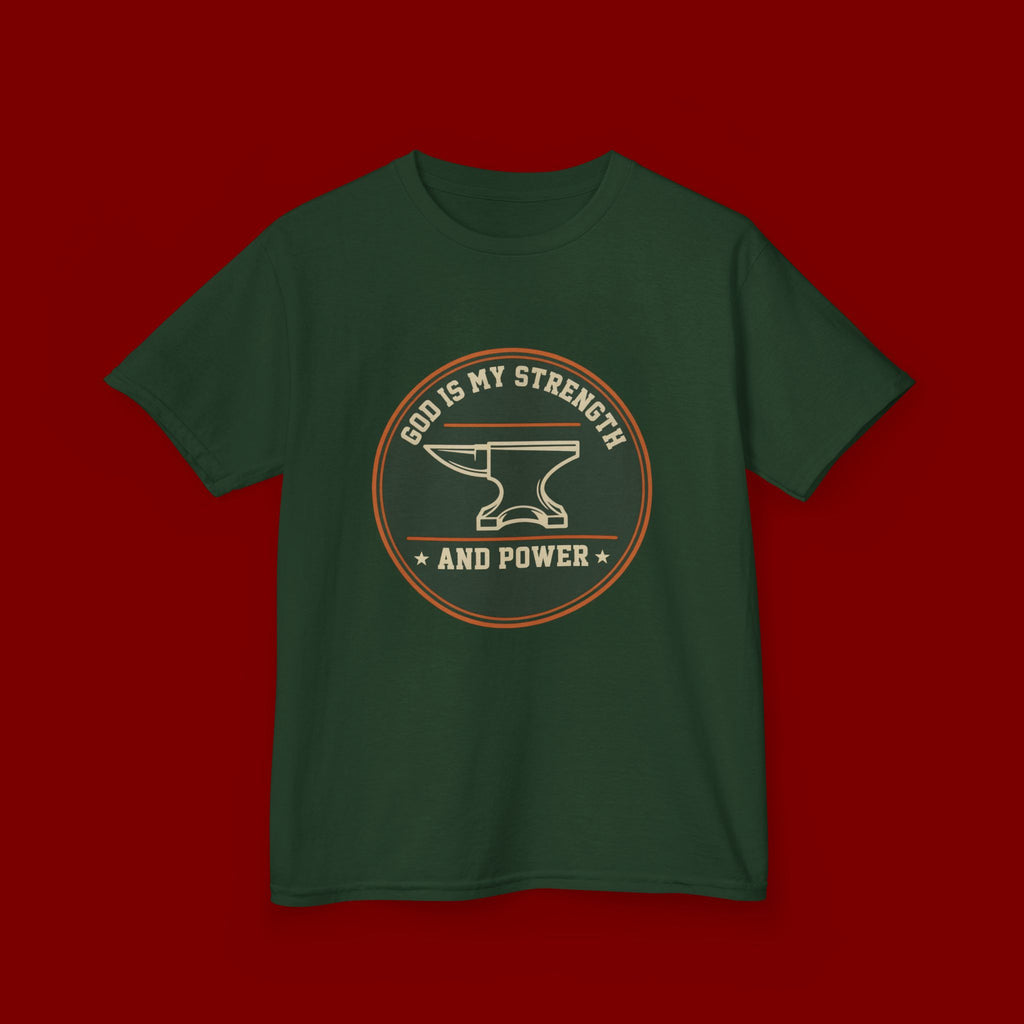 Kids Tee — "God Is My Strength and Power" Anvil & Anvil-Forge Christian Youth Shirt