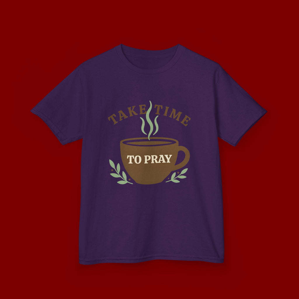 Kids Tee — "Take Time to Pray" Coffee Cup Faith Graphic