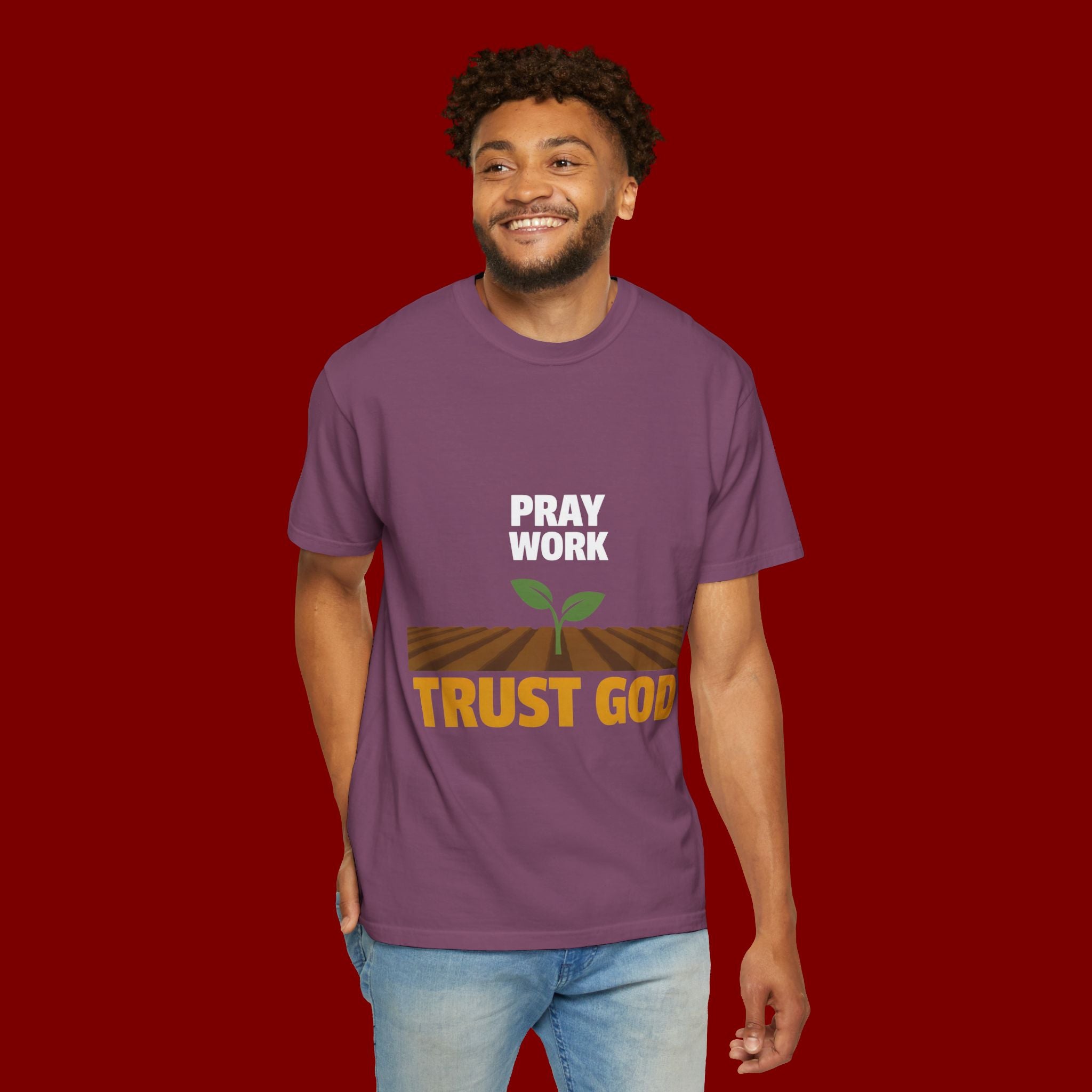 Pray Work, Trust God T-Shirt — Faith Gardening Inspirational Tee