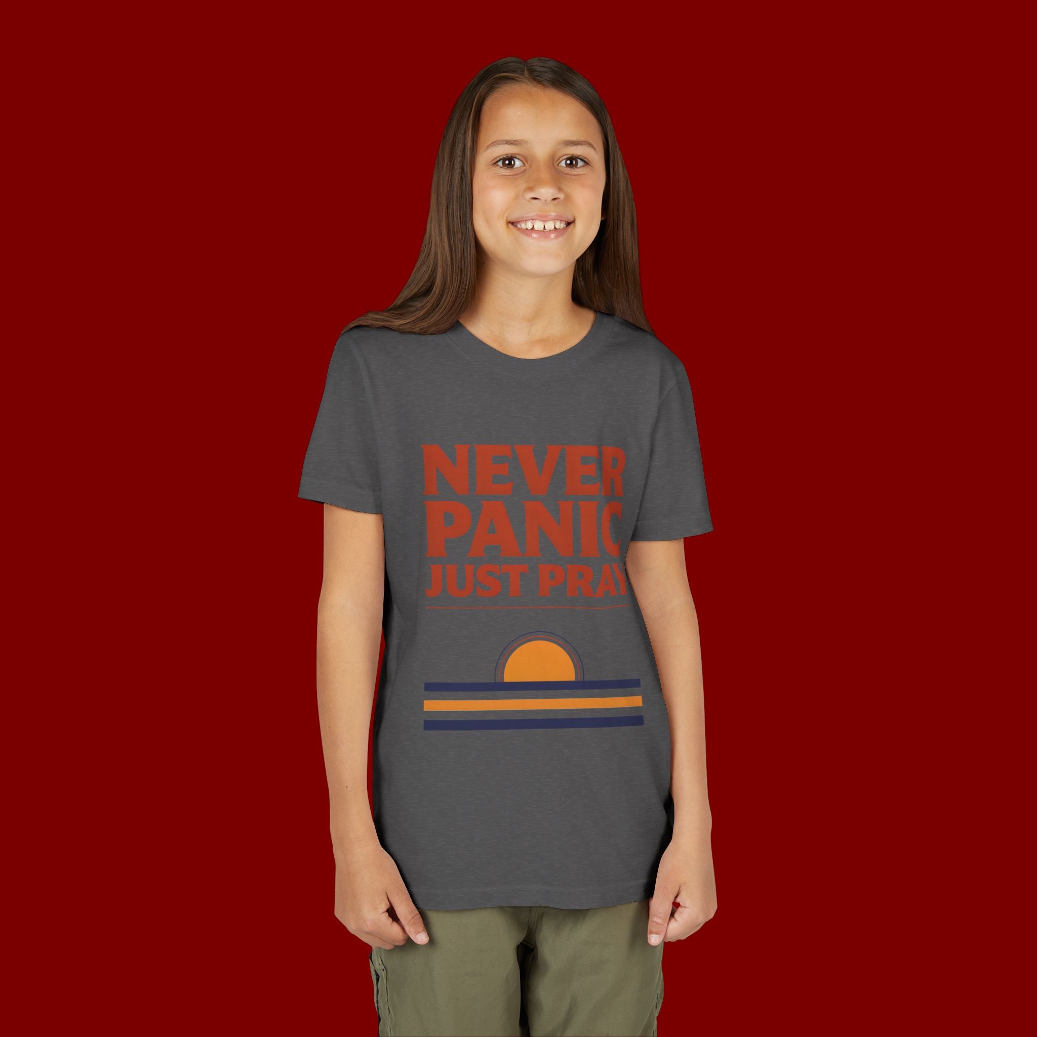 Youth Tee — "Never Panic Just Pray" Retro Sunset Kids T-Shirt