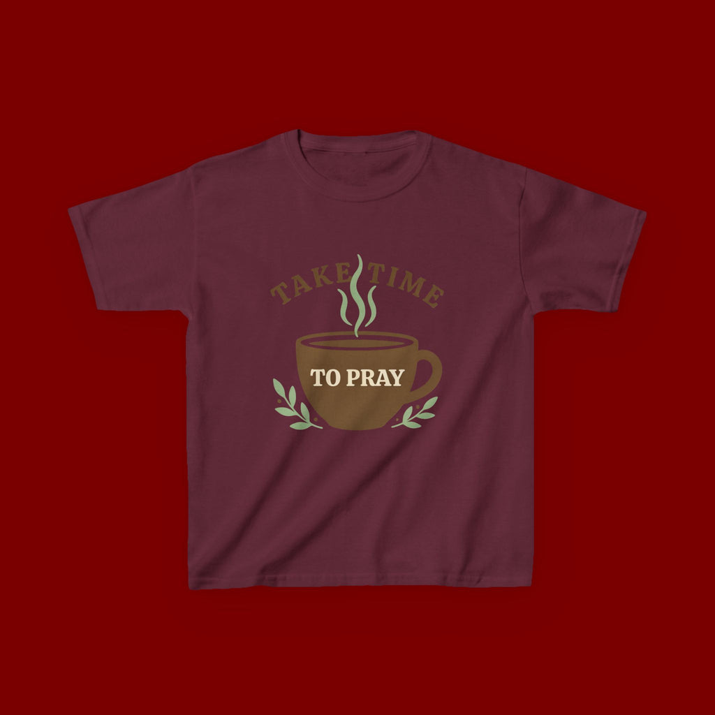 Kids Tee — "Take Time to Pray" Coffee Cup Faith Graphic