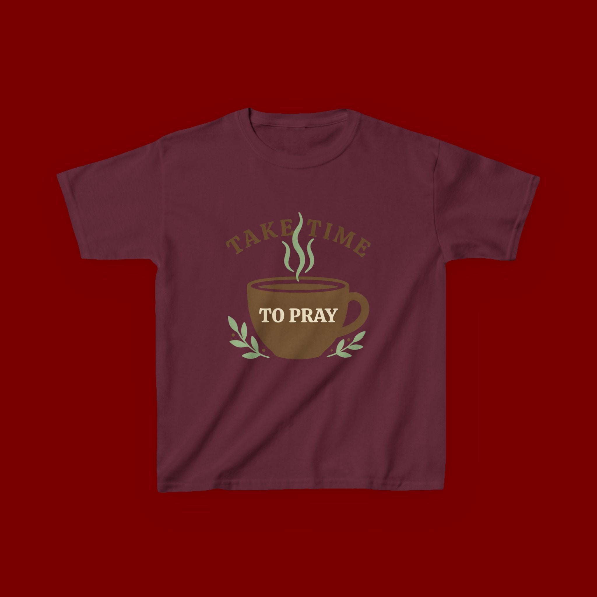 Kids Tee — "Take Time to Pray" Coffee Cup Faith Graphic