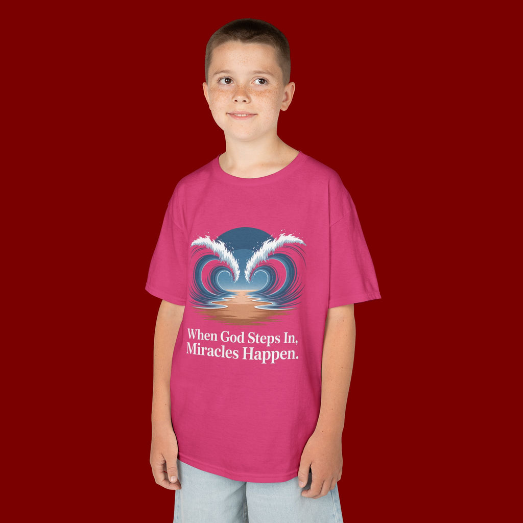 Kids Tee — “When God Steps In, Miracles Happen” Wave Heart Faith Shirt