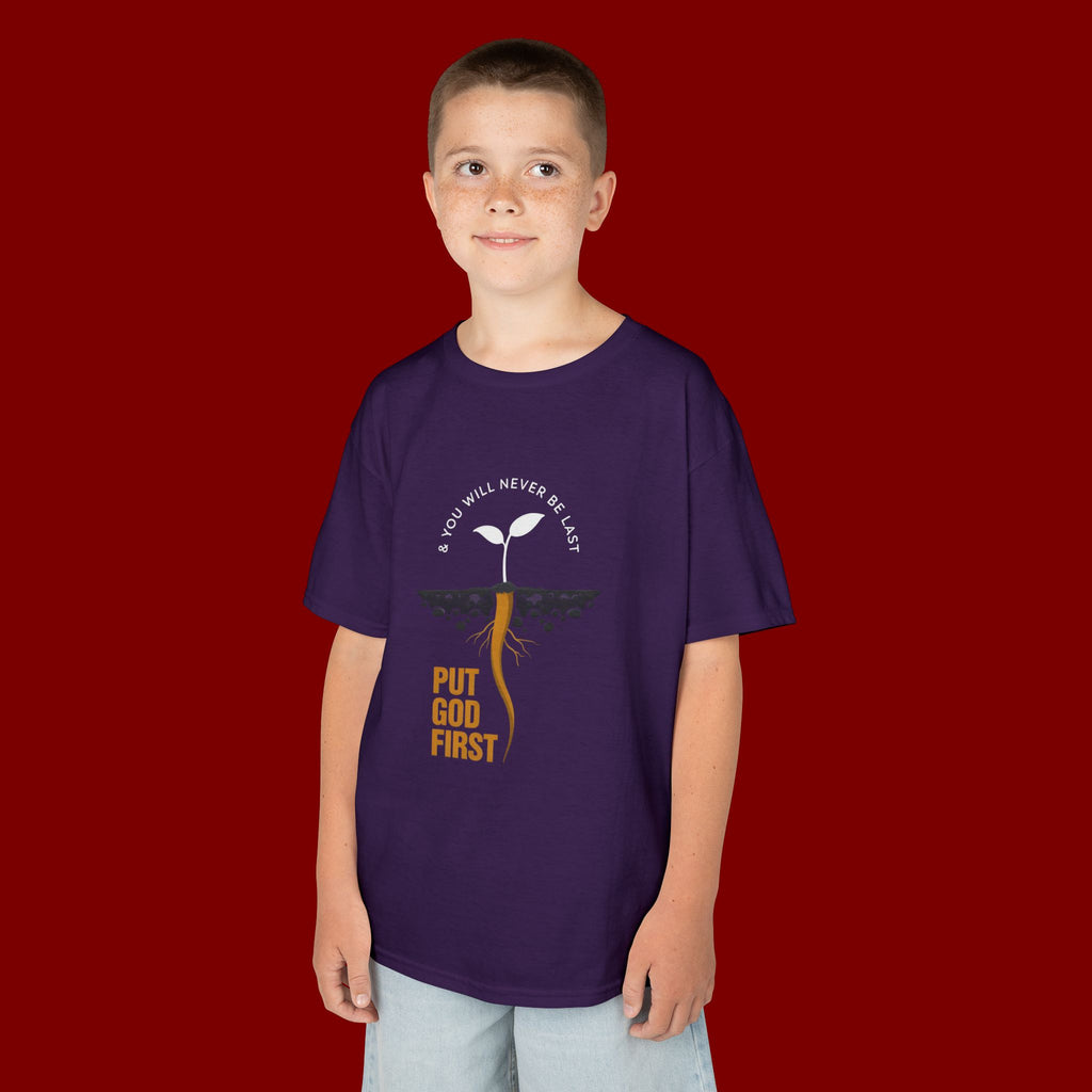 Kids T‑Shirt — 'Put God First' Religious Sprout Graphic Tee (Christian Youth)