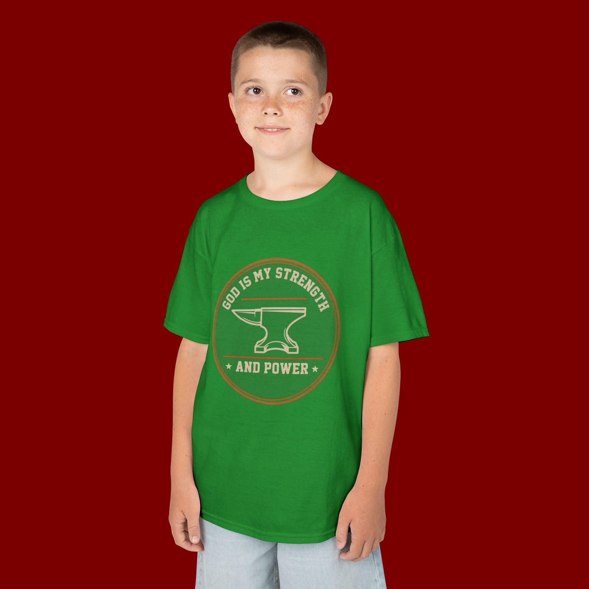 Kids Tee — "God Is My Strength and Power" Anvil & Anvil-Forge Christian Youth Shirt