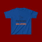 Kids T-Shirt — "Pray Because God Listens" Christian Faith Tee with Dove Graphic