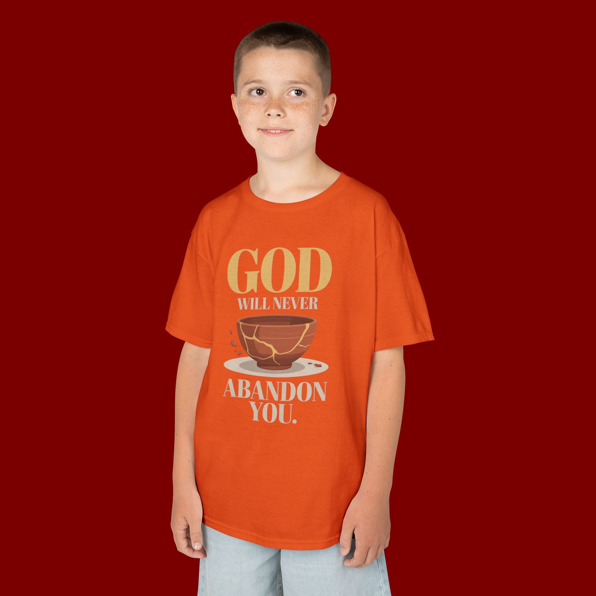 Kids Tee — "God Will Never Abandon You" Faith Graphic