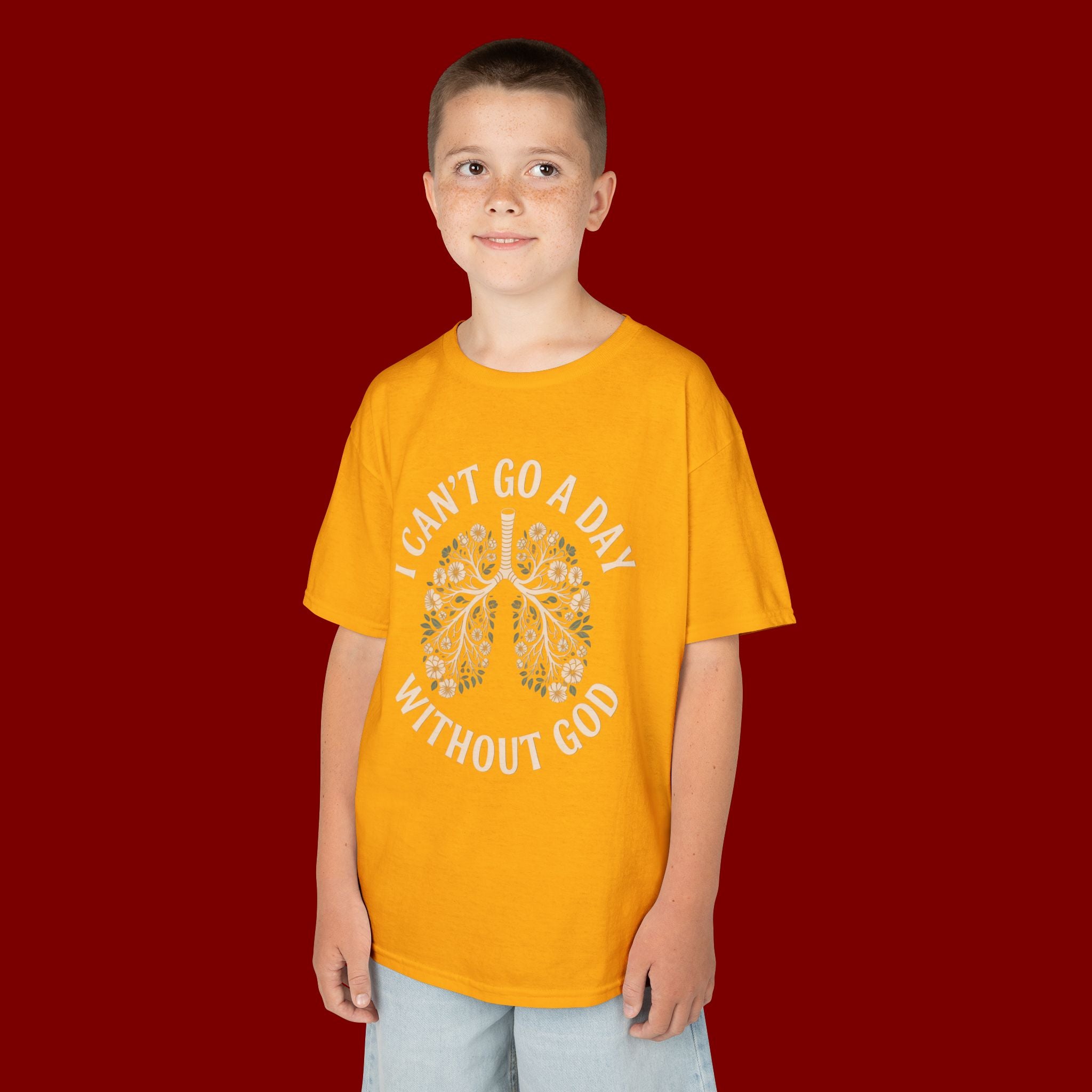 Kids T-Shirt – "I Can't Go a Day Without God" Floral Lungs Christian Tee