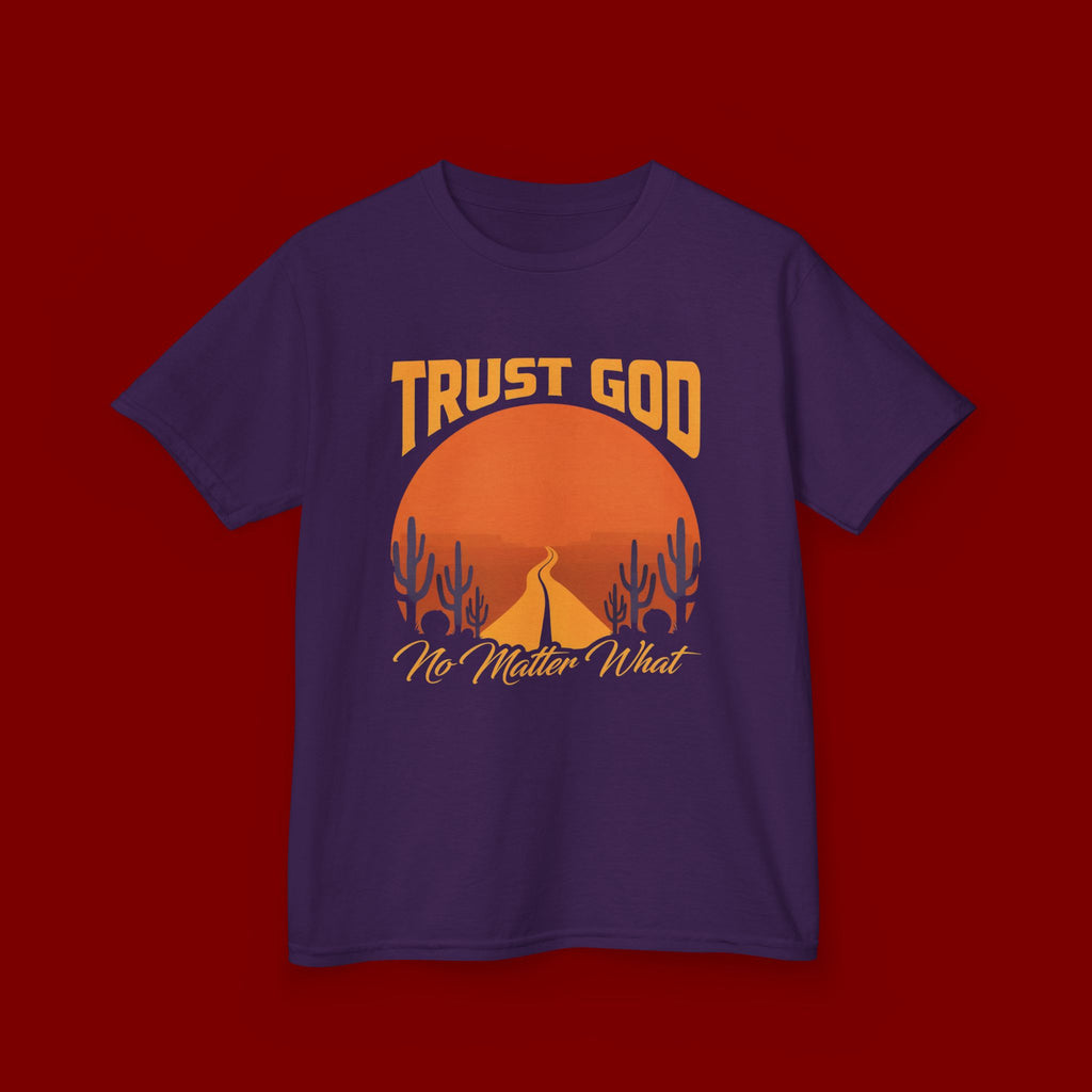Kids Tee — "Trust God No Matter What" Sunset Camping Graphic
