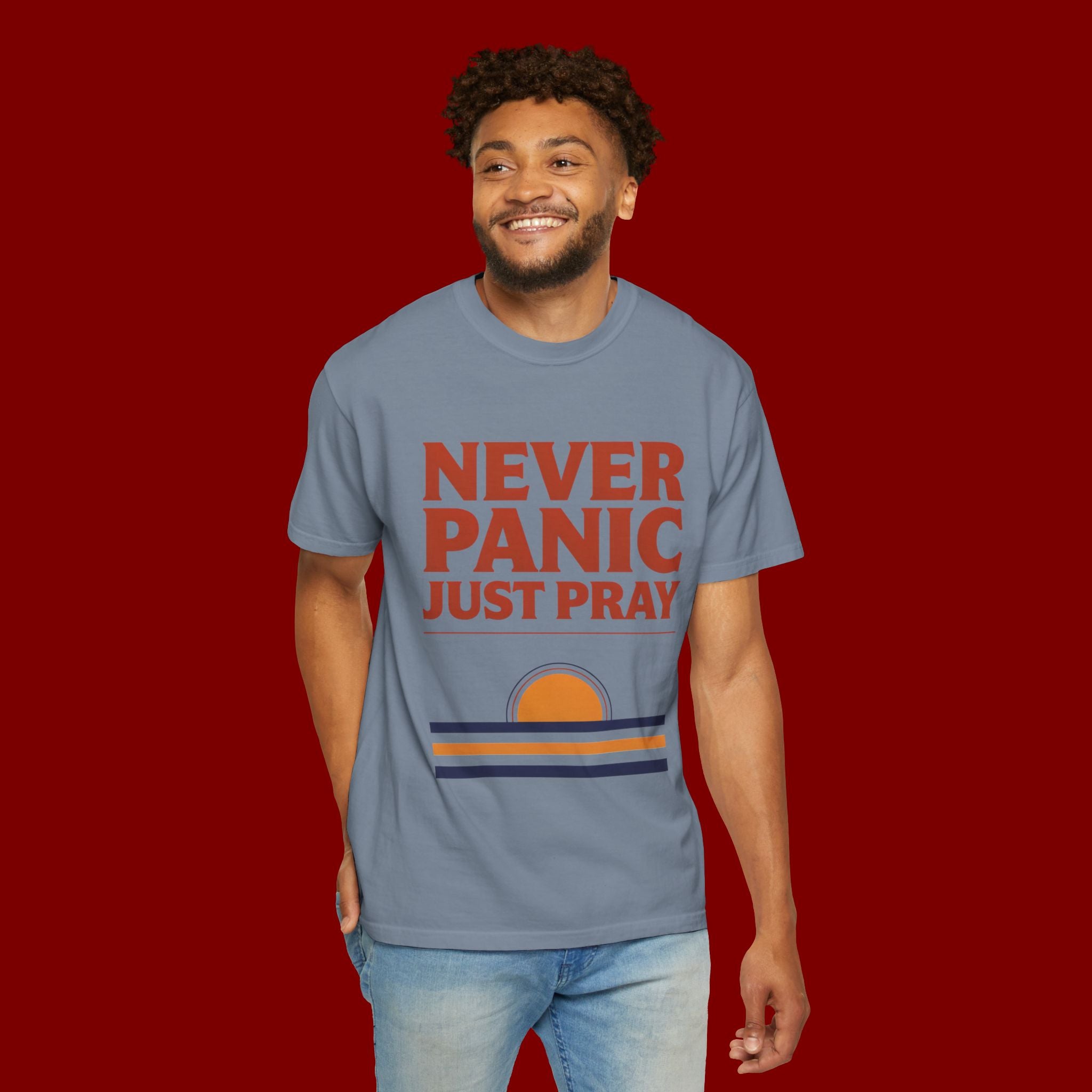 Never Panic Just Pray T‑Shirt — Retro Sunset Faith Tee