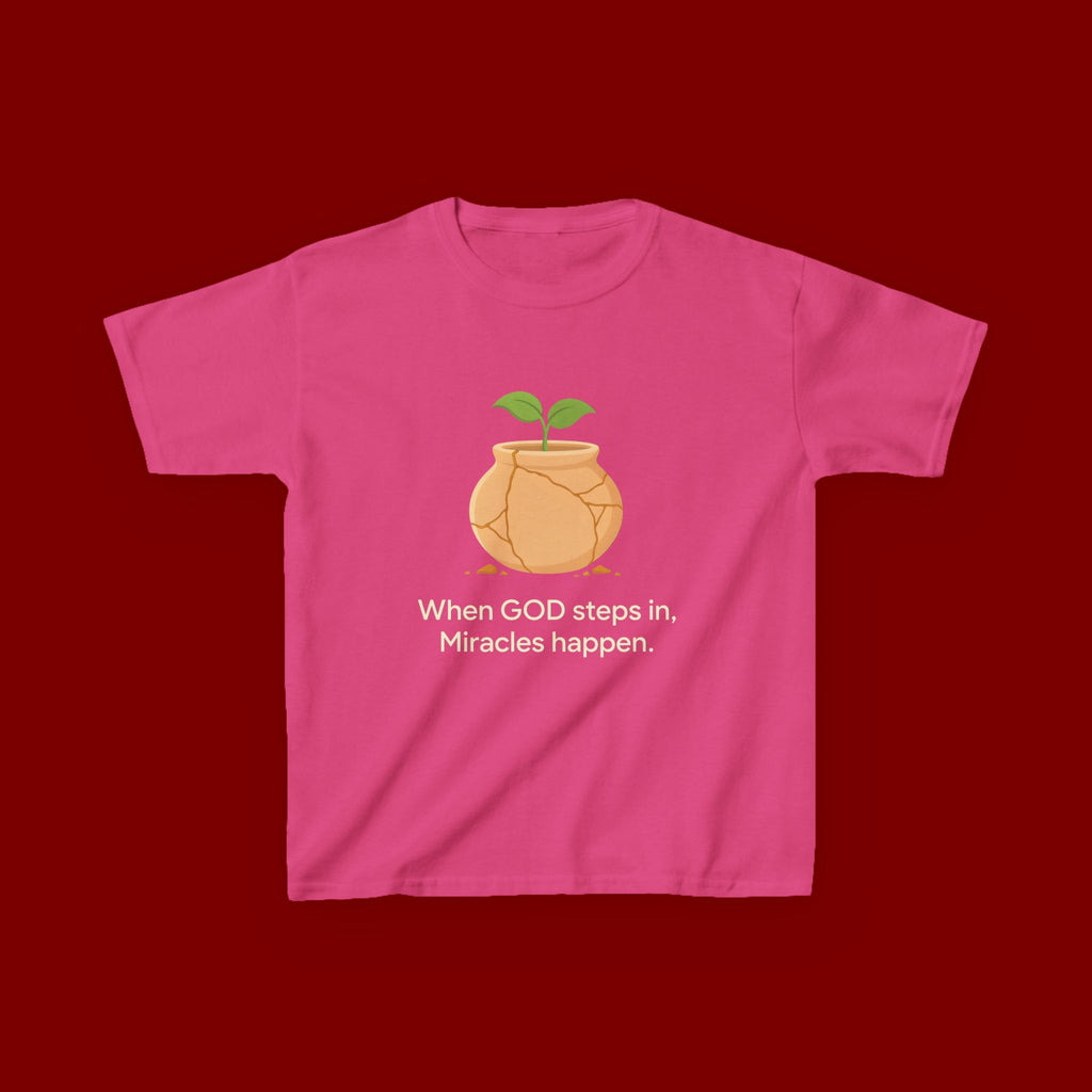 Kids Tee — "When GOD steps in, Miracles happen." Inspirational Christian T‑Shirt with Sprout Pot Design