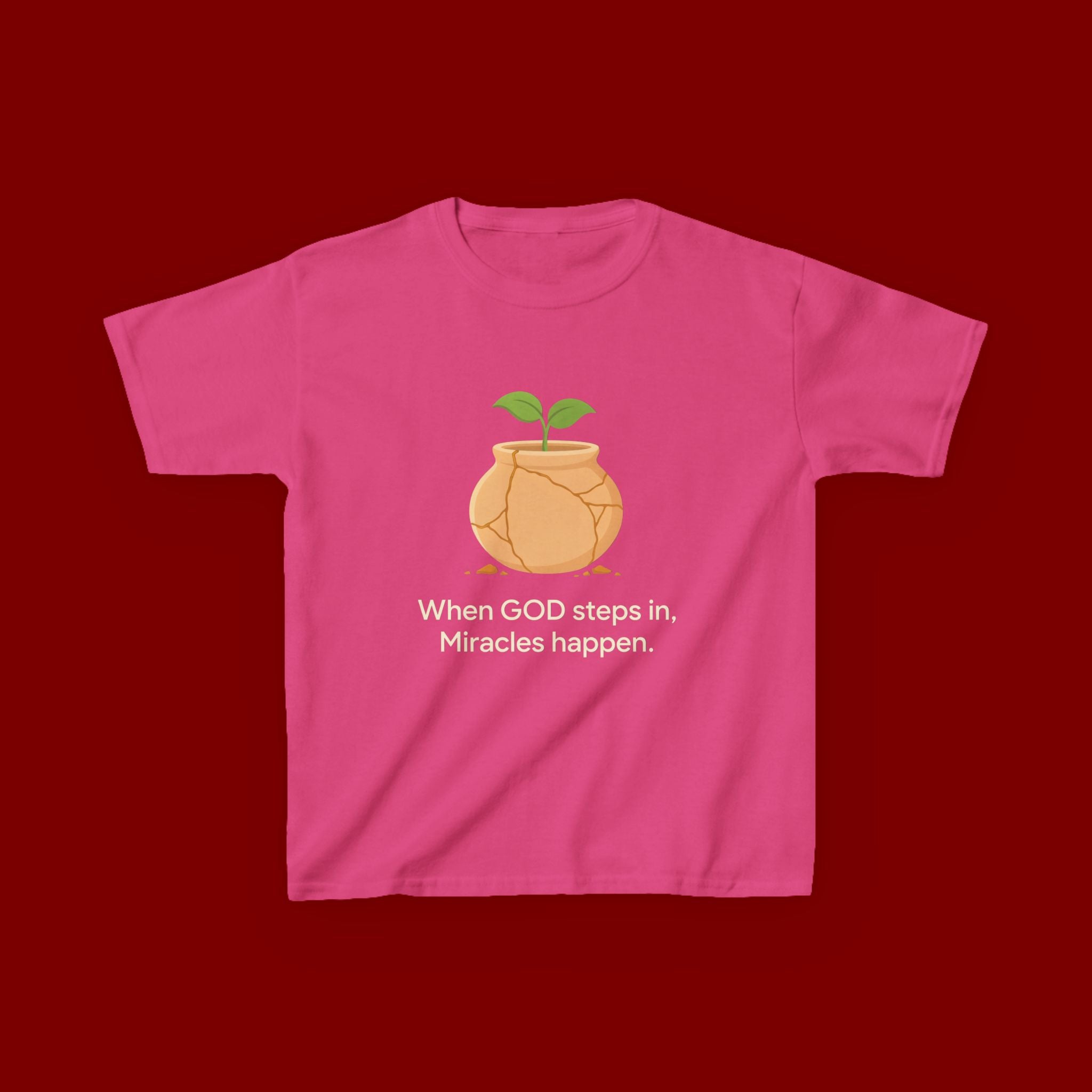 Kids Tee — "When GOD steps in, Miracles happen." Inspirational Christian T‑Shirt with Sprout Pot Design