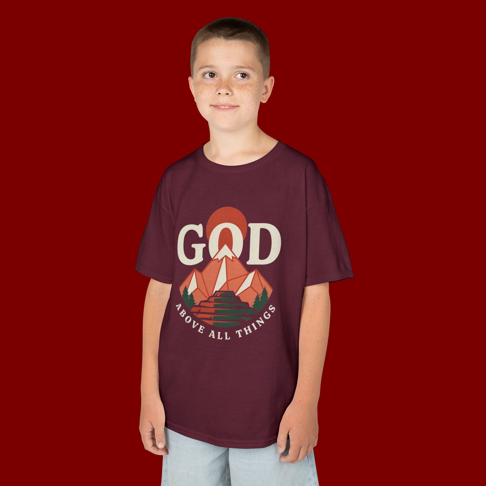 Kids Tee – 'GOD' Mountain Sunrise Faith Graphic