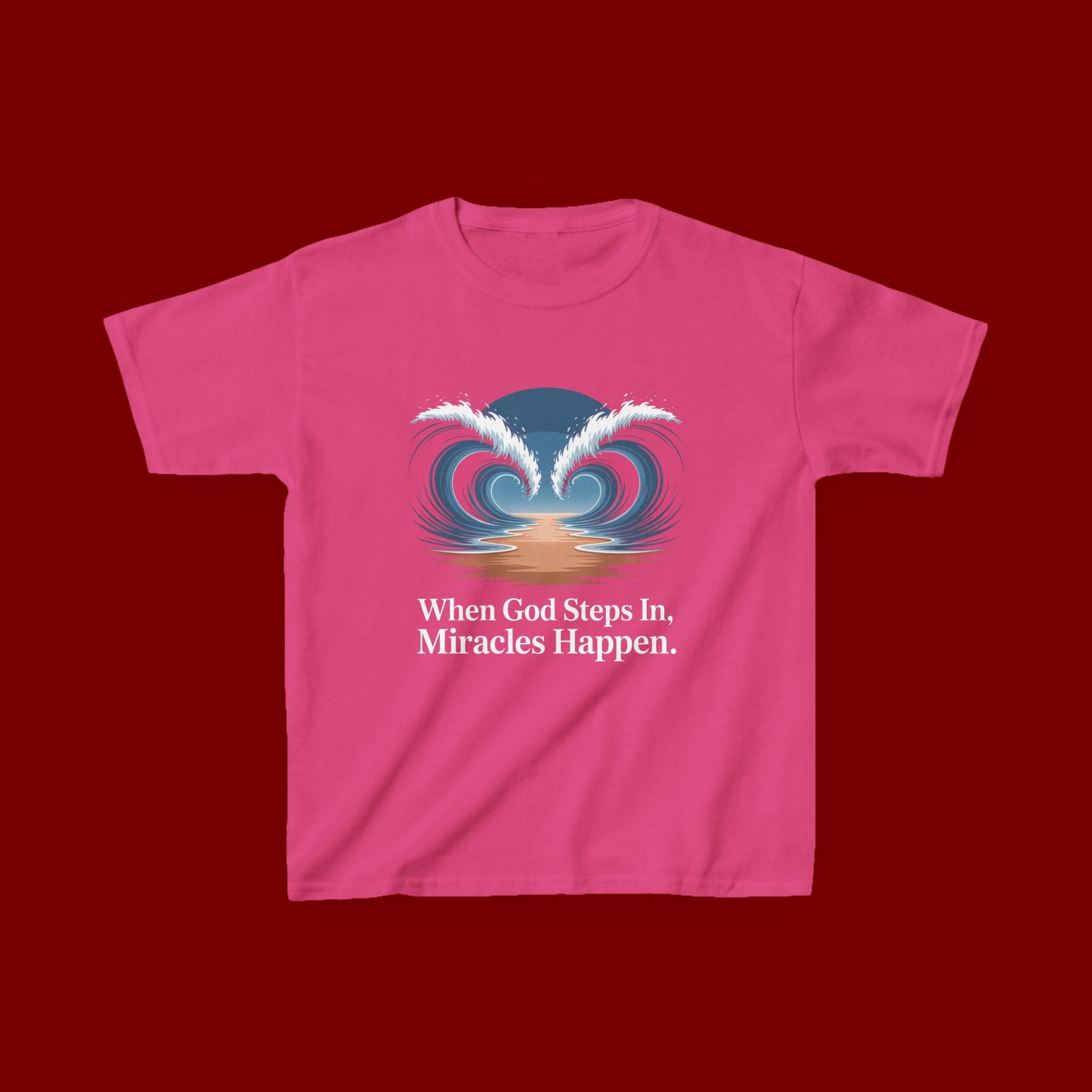 Kids Tee — “When God Steps In, Miracles Happen” Wave Heart Faith Shirt