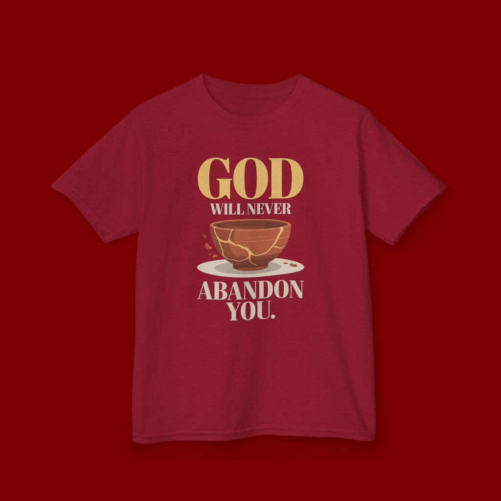 Kids Tee — "God Will Never Abandon You" Faith Graphic