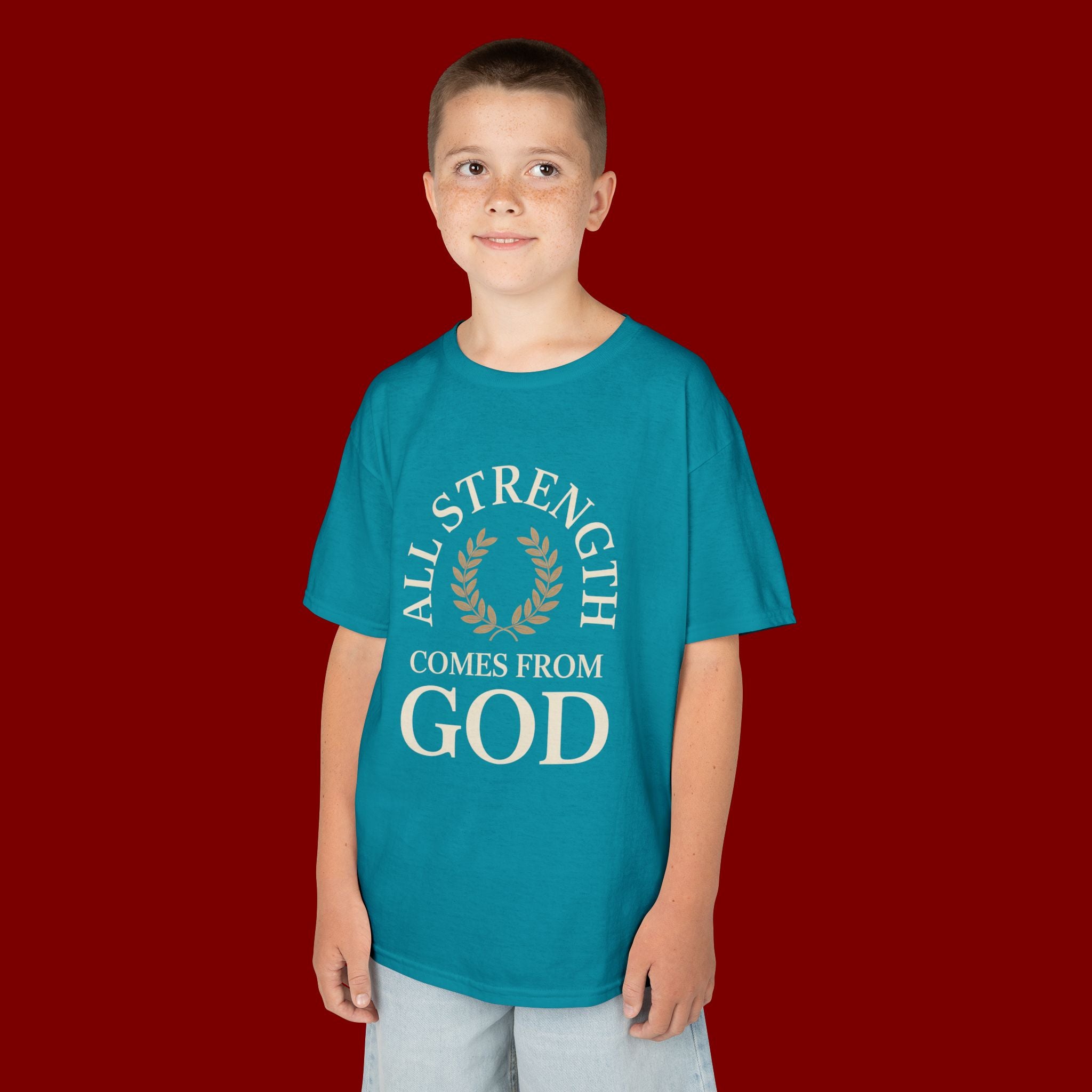 Kids T-Shirt – "All Strength Comes From God" Faith Tee for Boys & Girls