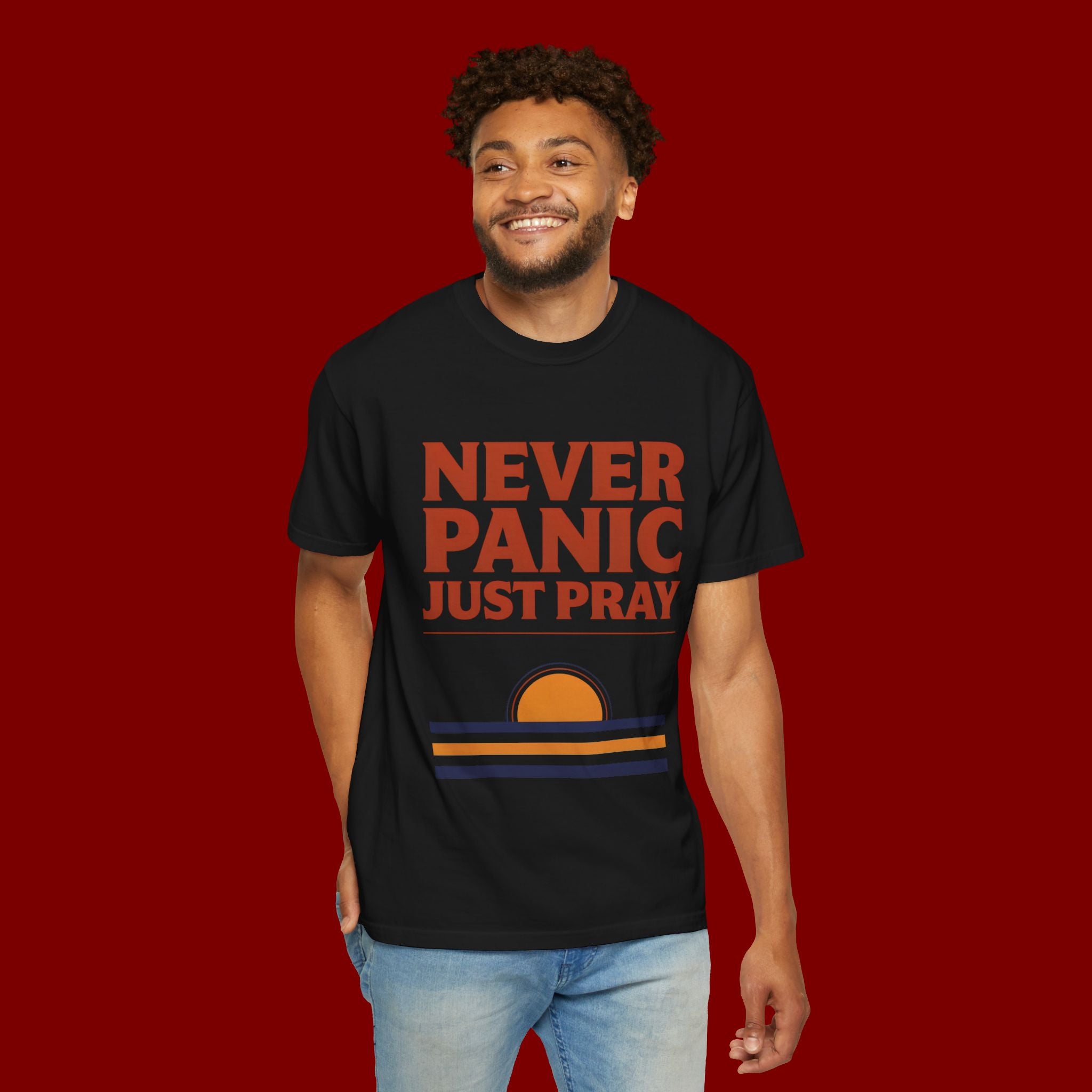Never Panic Just Pray T‑Shirt — Retro Sunset Faith Tee