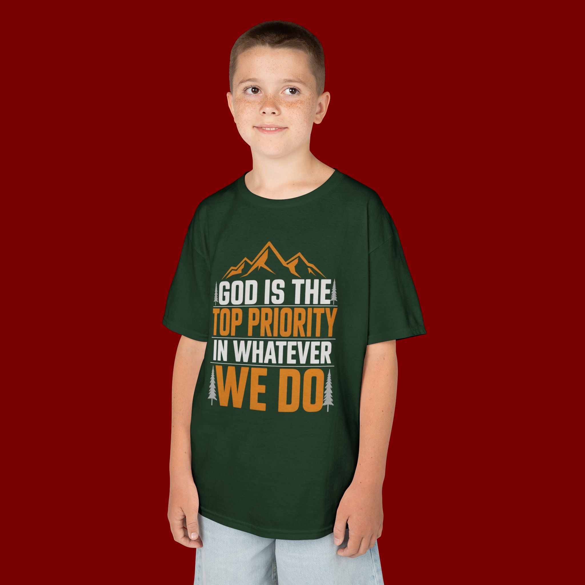 Kids Tee - "God Is the Top Priority in Whatever We Do" Faith Mountain Graphic