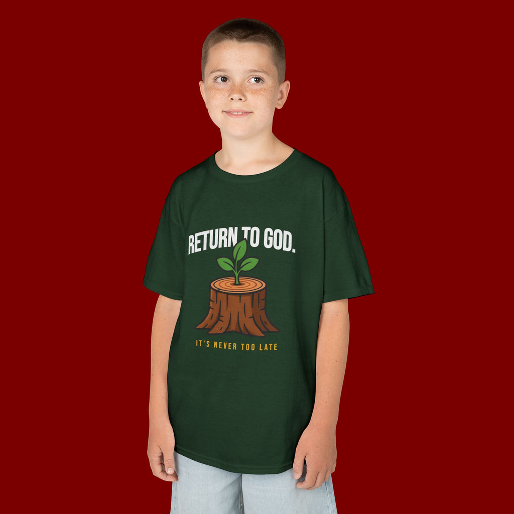 Return to God Kids T-Shirt – Tree Stump with Sprout, “It’s Never Too Late” Inspirational Youth Tee