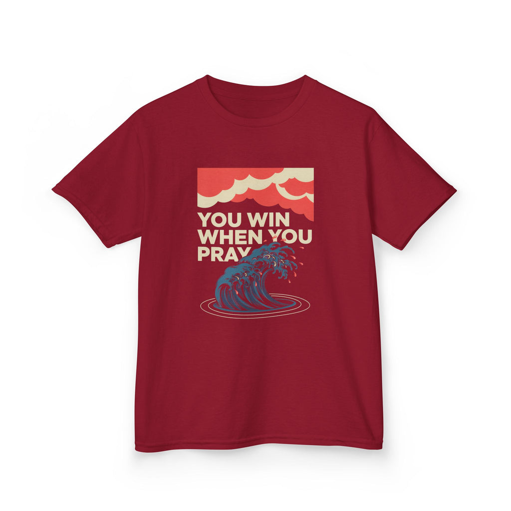 Kids Tee – “You Win When You Pray” Retro Wave Ocean Graphic