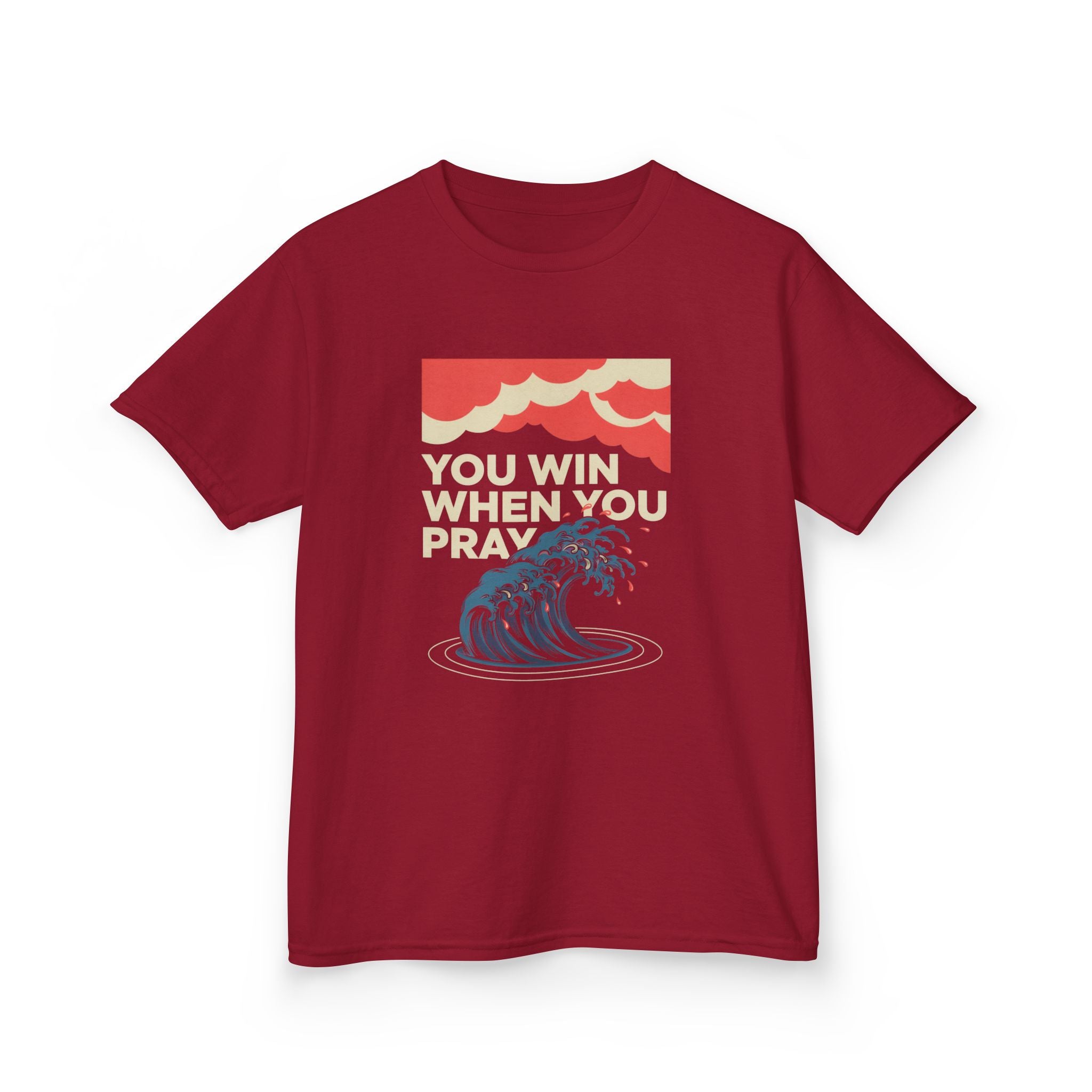 Kids Tee – “You Win When You Pray” Retro Wave Ocean Graphic