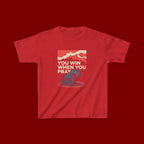 Kids Tee – “You Win When You Pray” Retro Wave Ocean Graphic