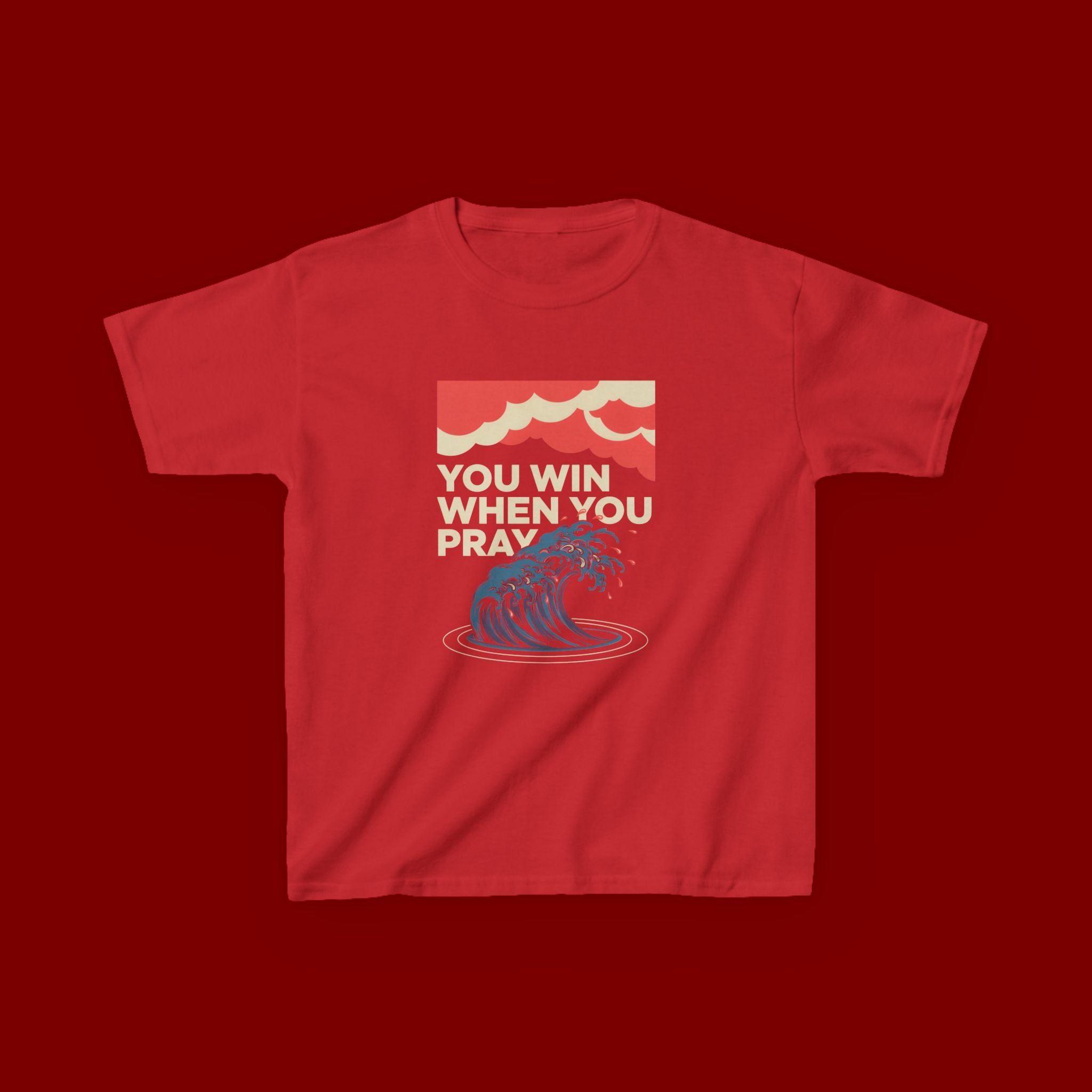 Kids Tee – “You Win When You Pray” Retro Wave Ocean Graphic