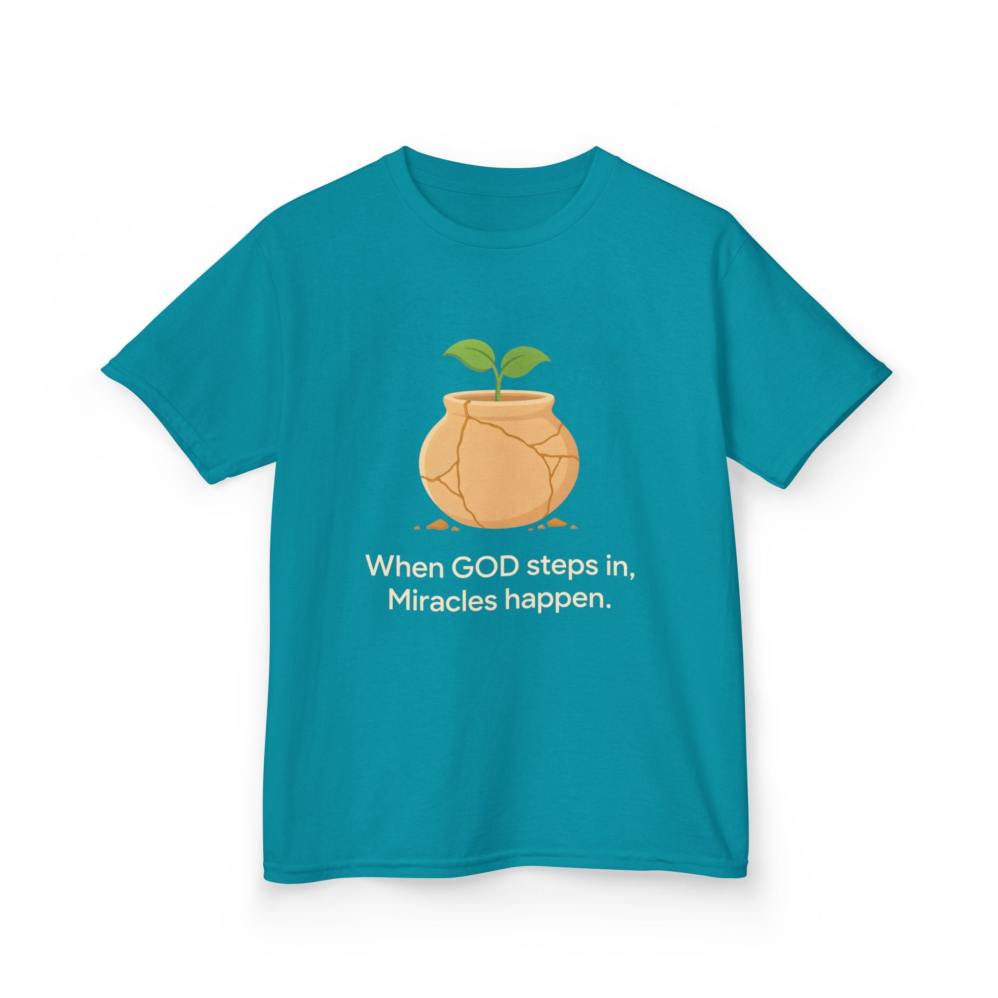 Kids Tee — "When GOD steps in, Miracles happen." Inspirational Christian T‑Shirt with Sprout Pot Design