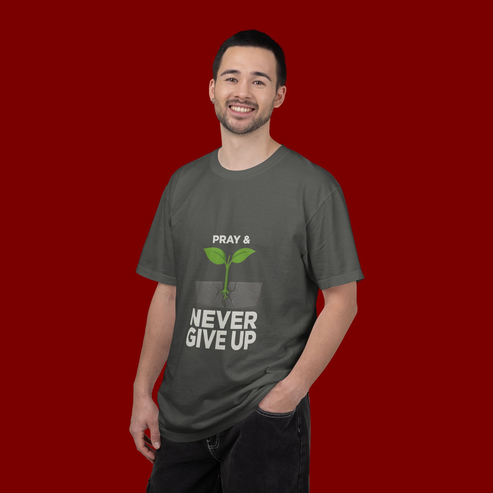 Pray & Never Give Up T-Shirt – Inspirational Faith Tee with Sprout Graphic