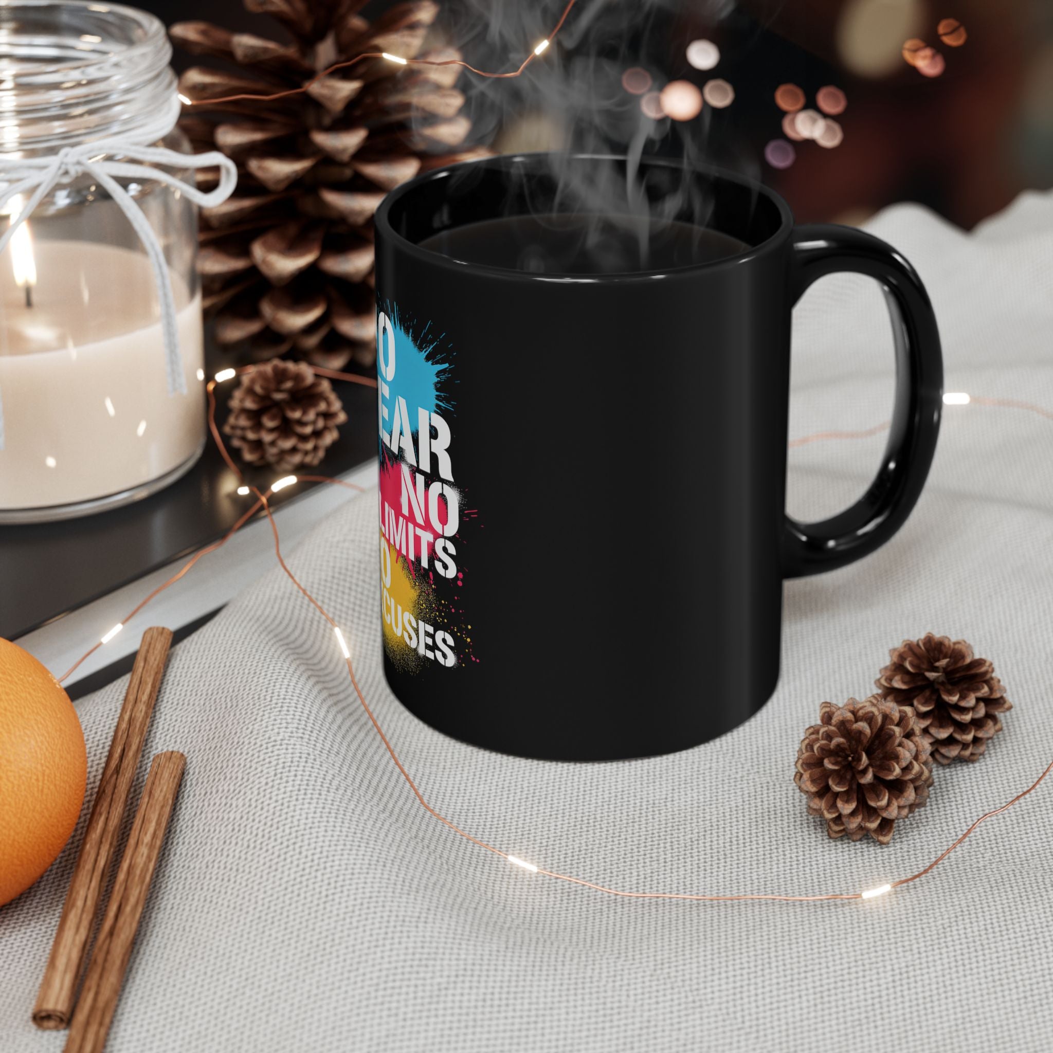 Motivational Black Mug – "No Fear No Limits No Excuses" Inspirational Coffee Cup (11oz/15oz)