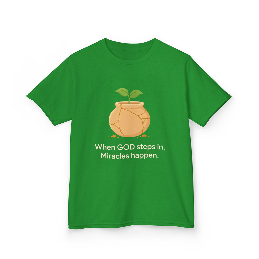Kids Tee — "When GOD steps in, Miracles happen." Inspirational Christian T‑Shirt with Sprout Pot Design