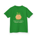Kids Tee — "When GOD steps in, Miracles happen." Inspirational Christian T‑Shirt with Sprout Pot Design
