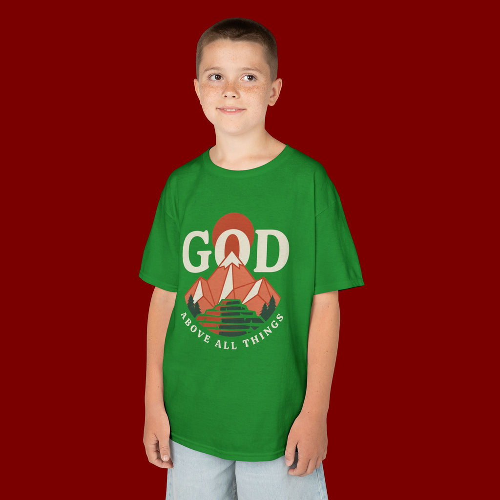 Kids Tee – 'GOD' Mountain Sunrise Faith Graphic