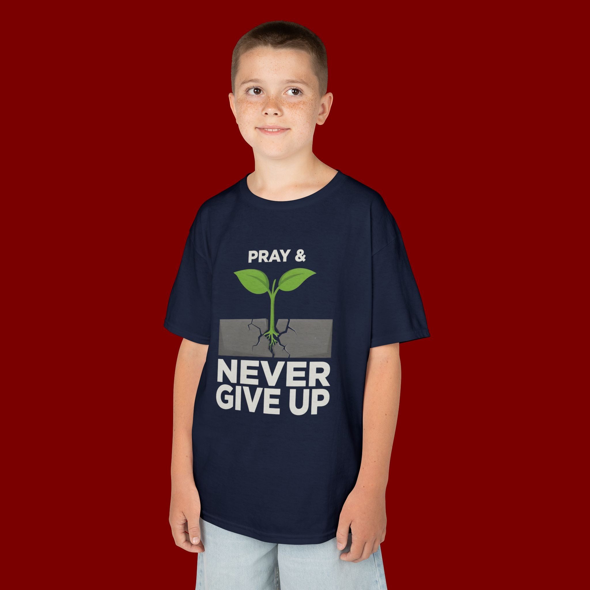 Kids Tee – "Pray & Never Give Up" Inspirational Plant Graphic