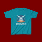 Kids Tee — “When God Steps In, Miracles Happen” Wave Heart Faith Shirt