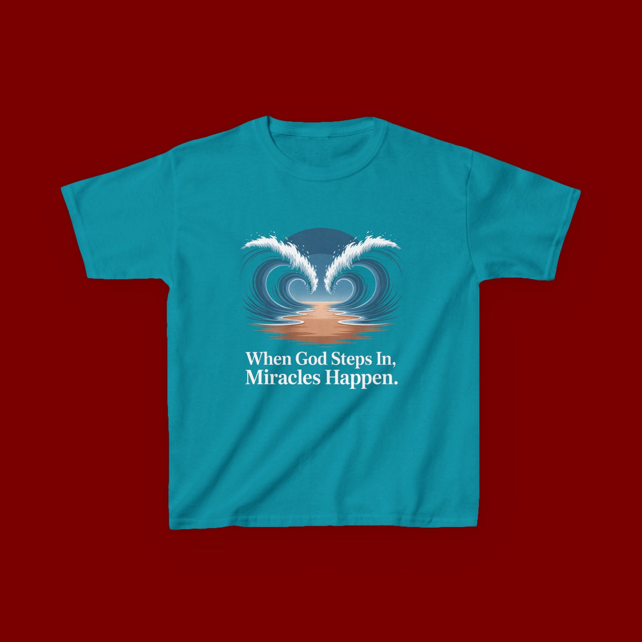 Kids Tee — “When God Steps In, Miracles Happen” Wave Heart Faith Shirt