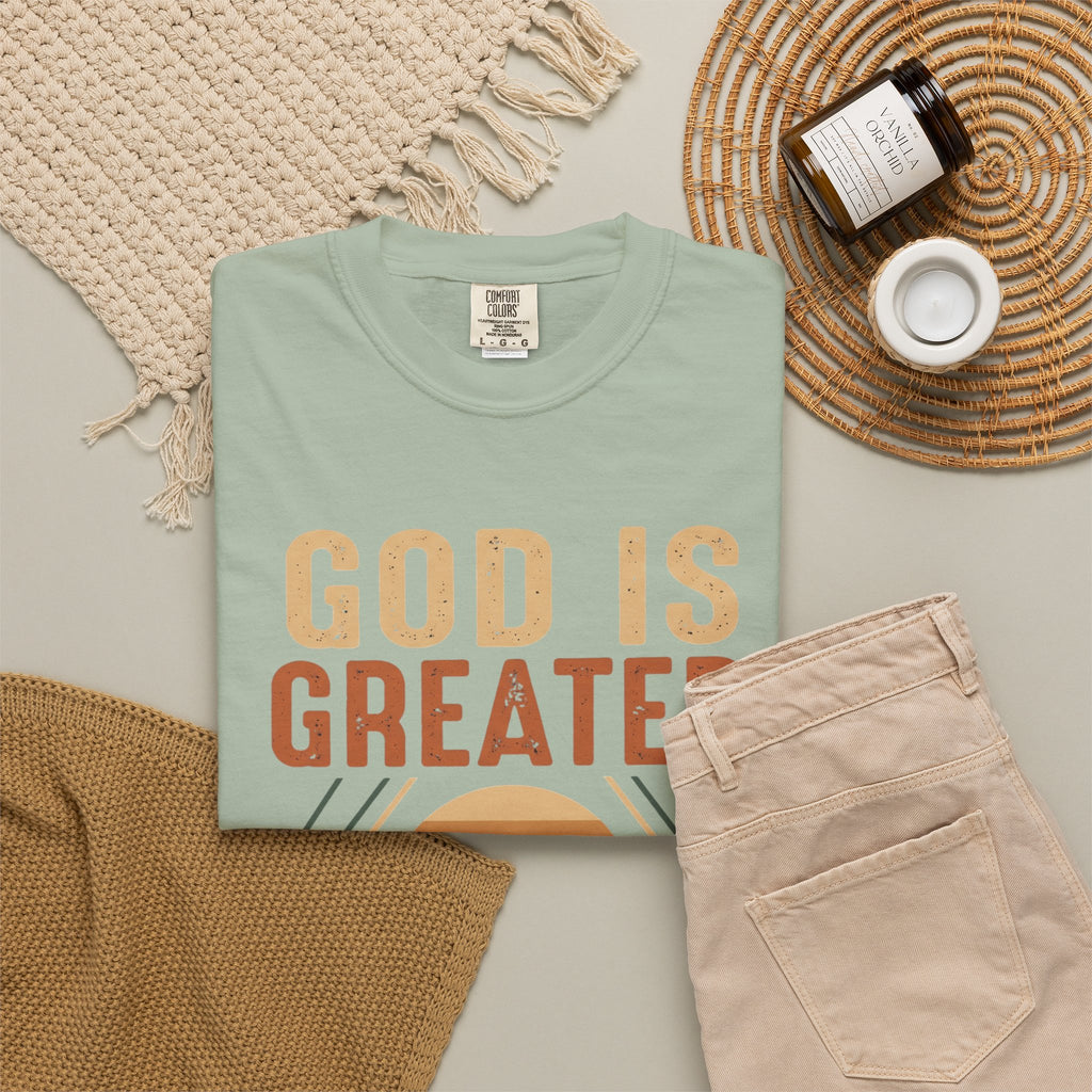 God Is Greater Mountain T-Shirt — Christian Faith Graphic Tee
