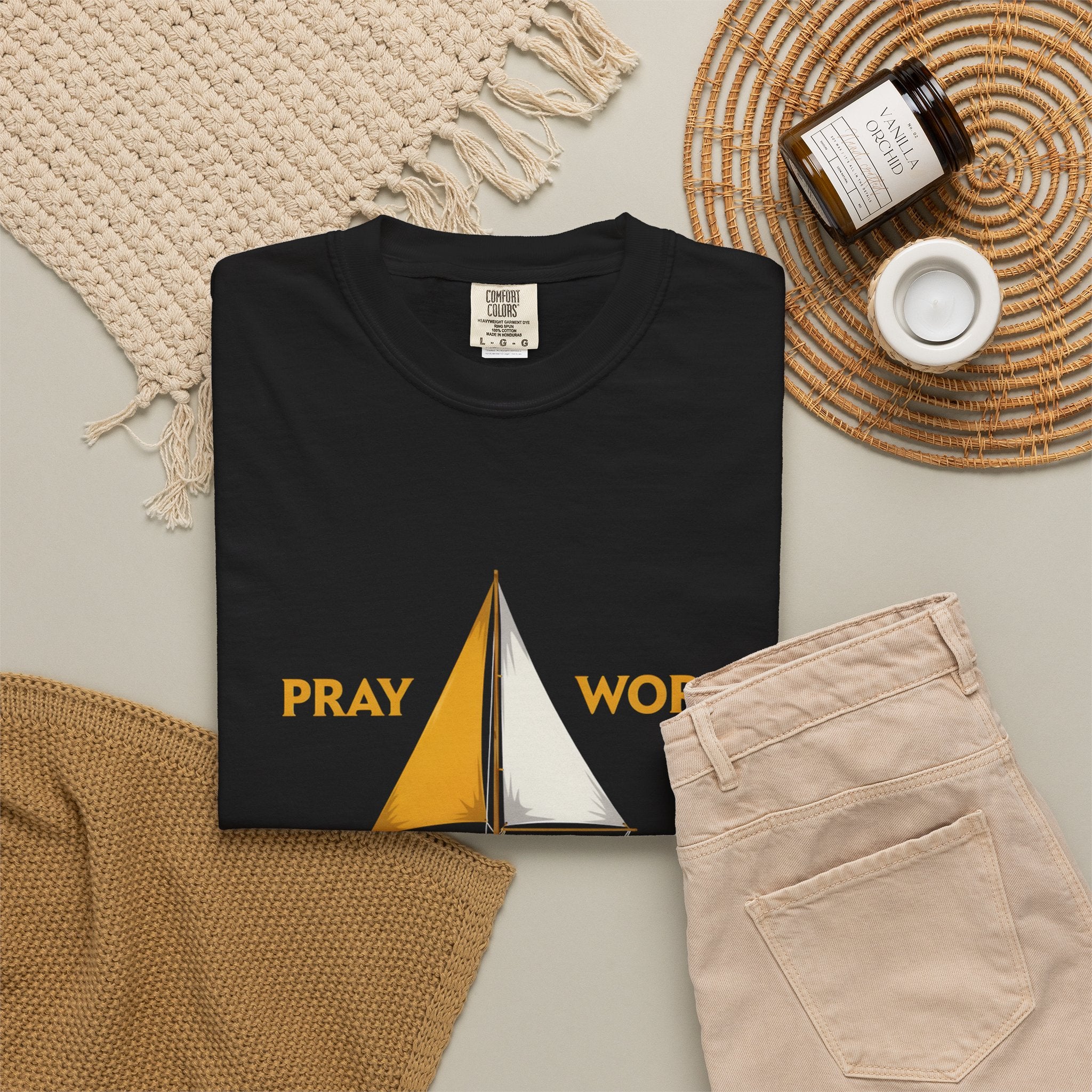 Trust God Sailboat T-Shirt — Pray Work Inspirational Christian Tee