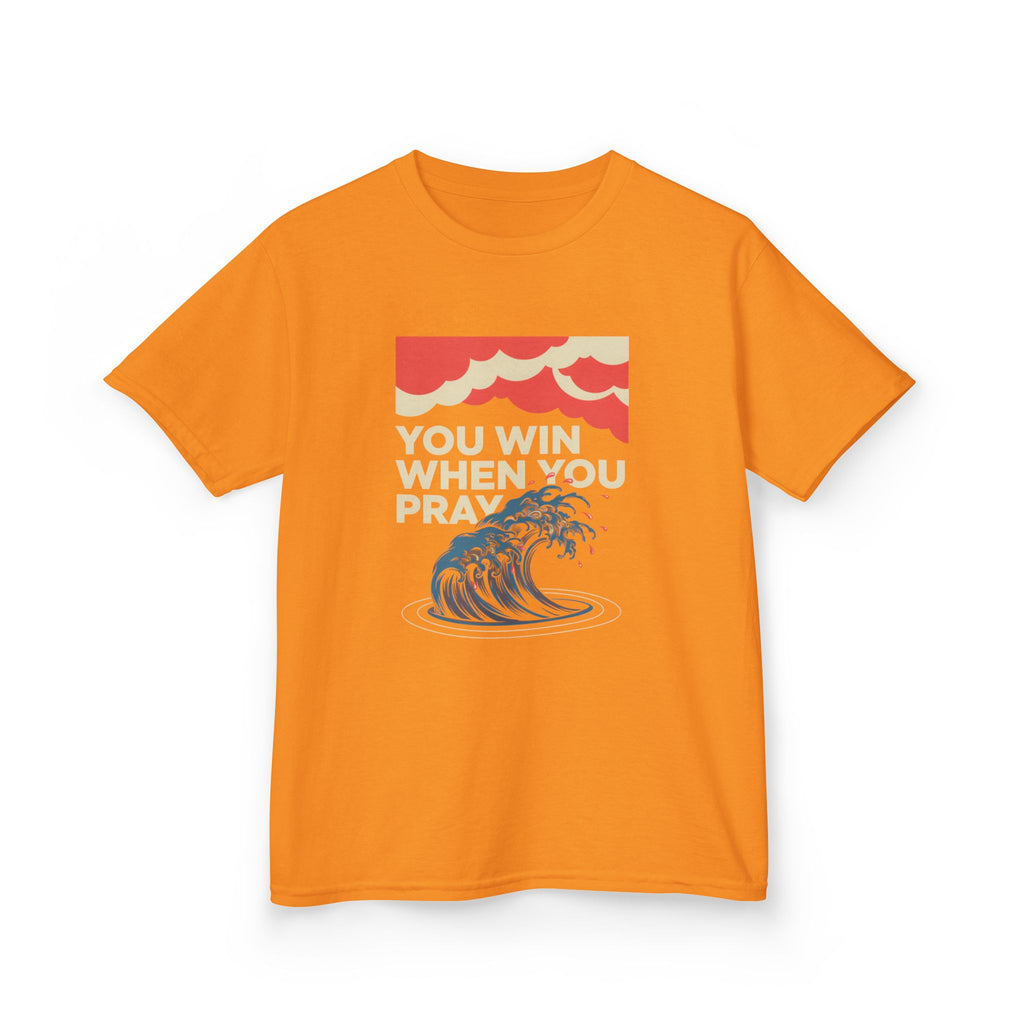 Kids Tee – “You Win When You Pray” Retro Wave Ocean Graphic
